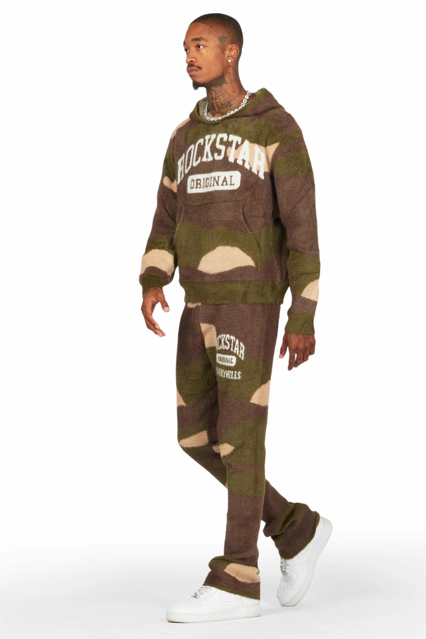 Member Green Camo Stacked Flare Knitted Mohair Track Set