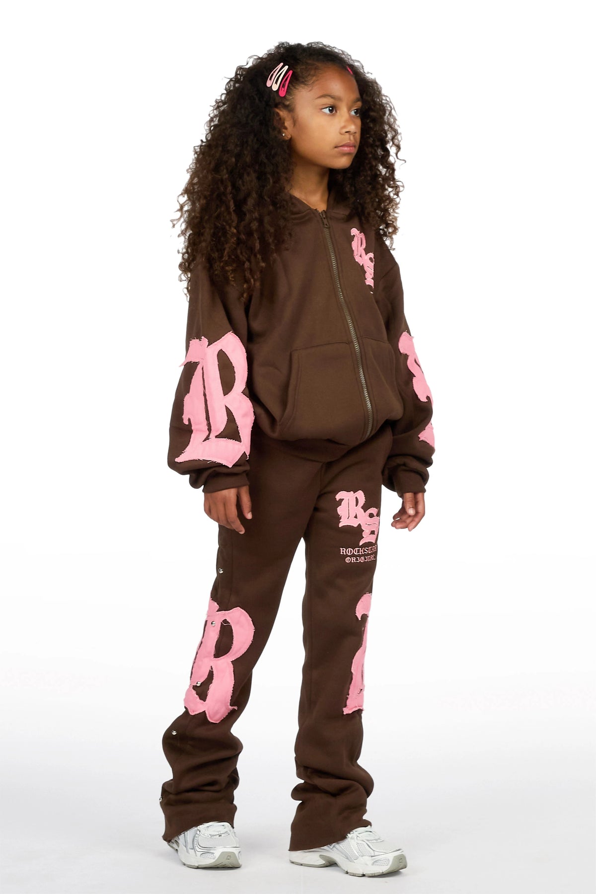 Girls Shironda Brown/Pink Zip Up Hoodie Stacked Track Set