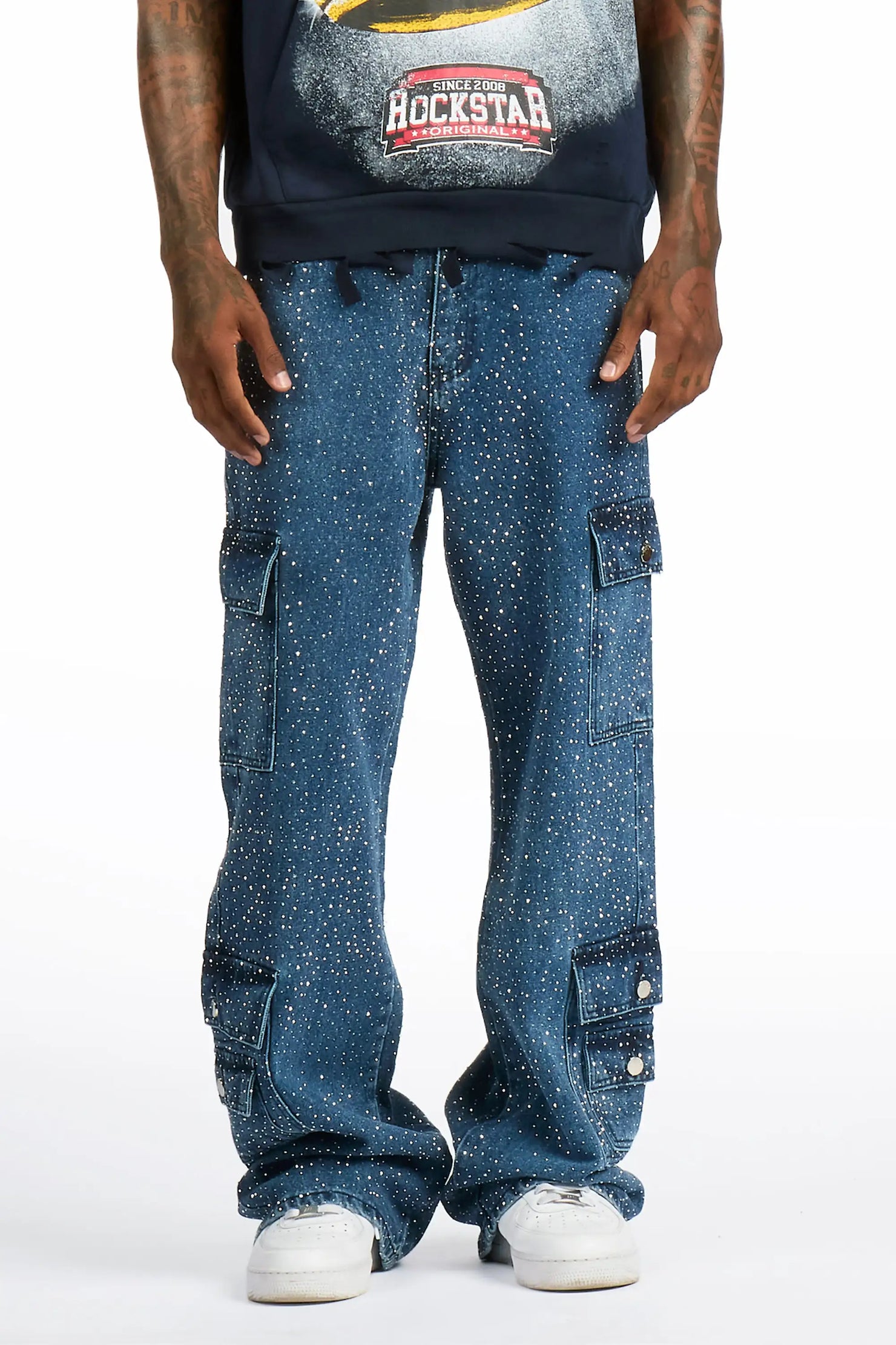 Aeson Dark Blue Rhinestone Baggy Fit Jean