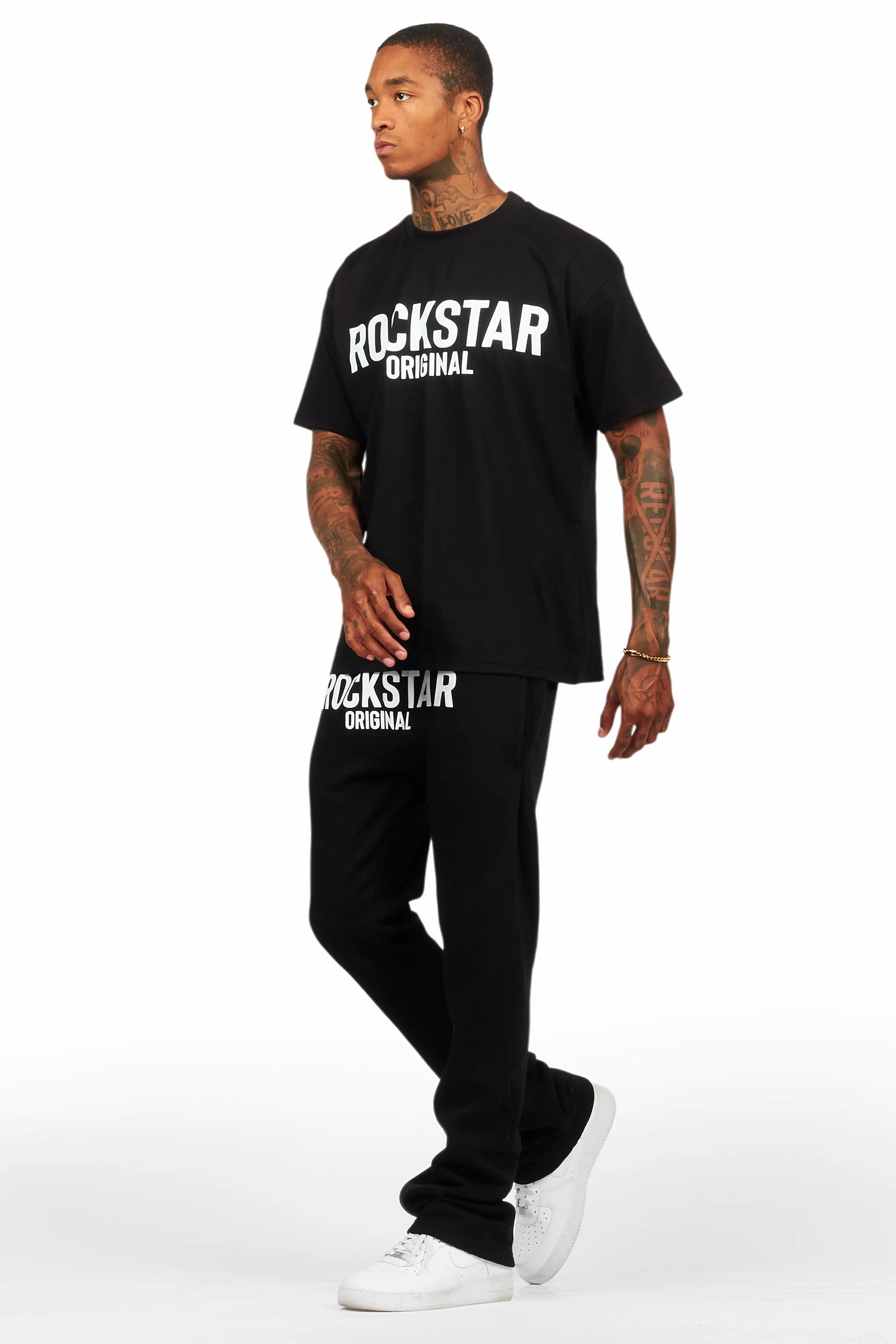 Sana Black T-Shirt/Stacked Track Pant Set