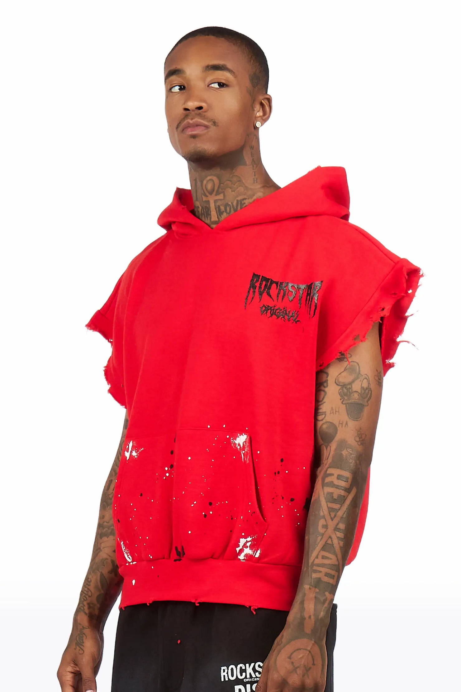 Twinkle Red Painted Cut Sleeve Hoodie