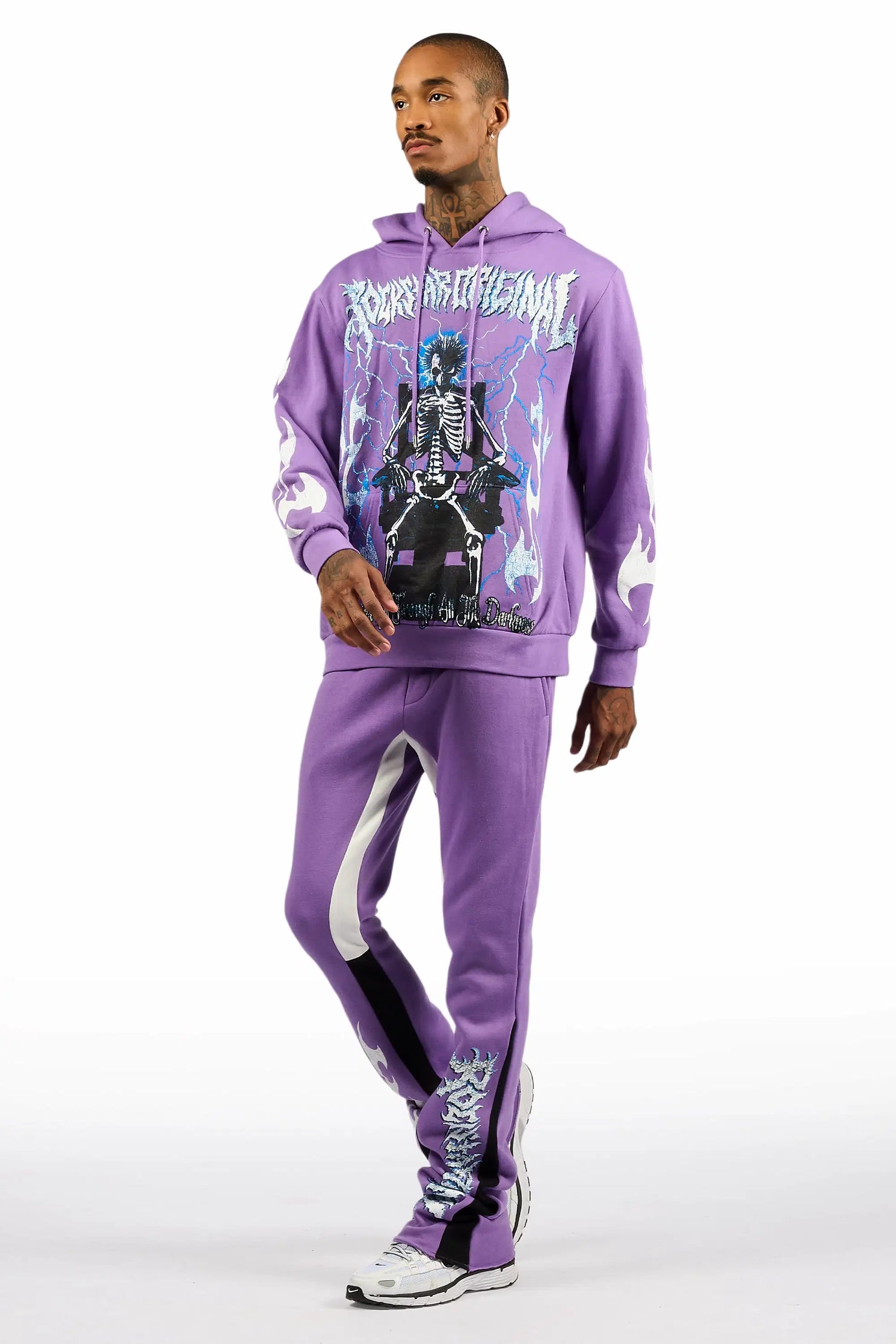 Deathrow Purple/White Hoodie/Stacked Track Pant Set