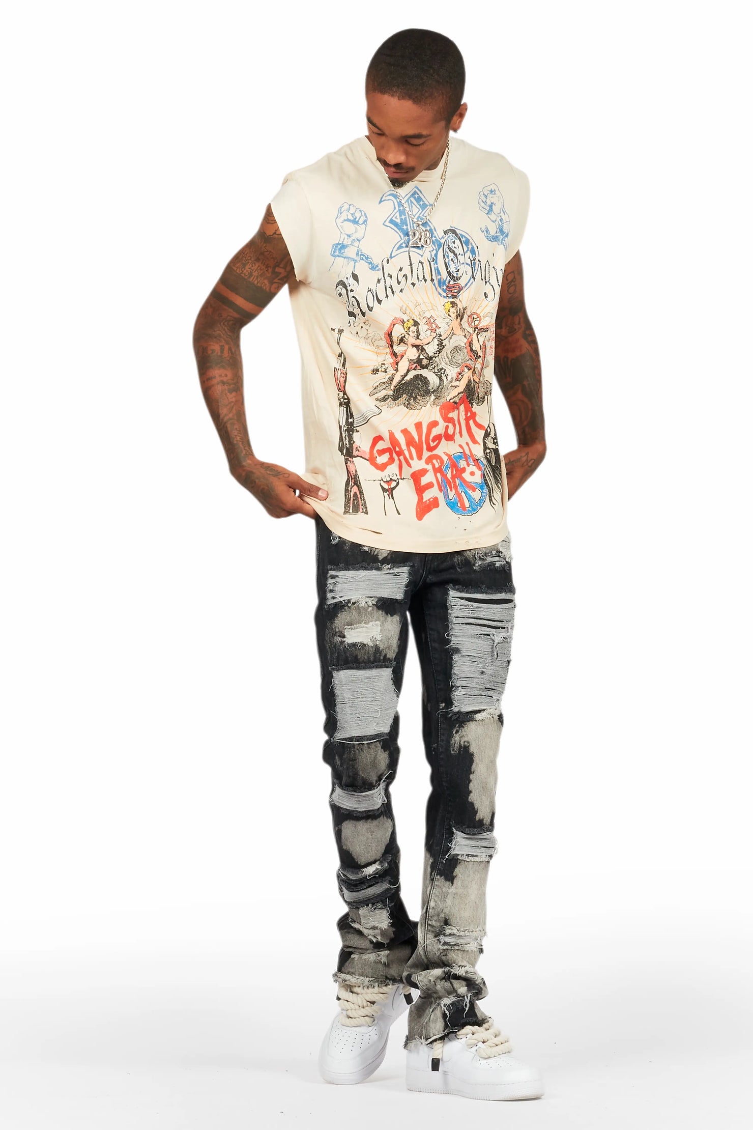 Stig Black Bleach Stacked Flare Jean