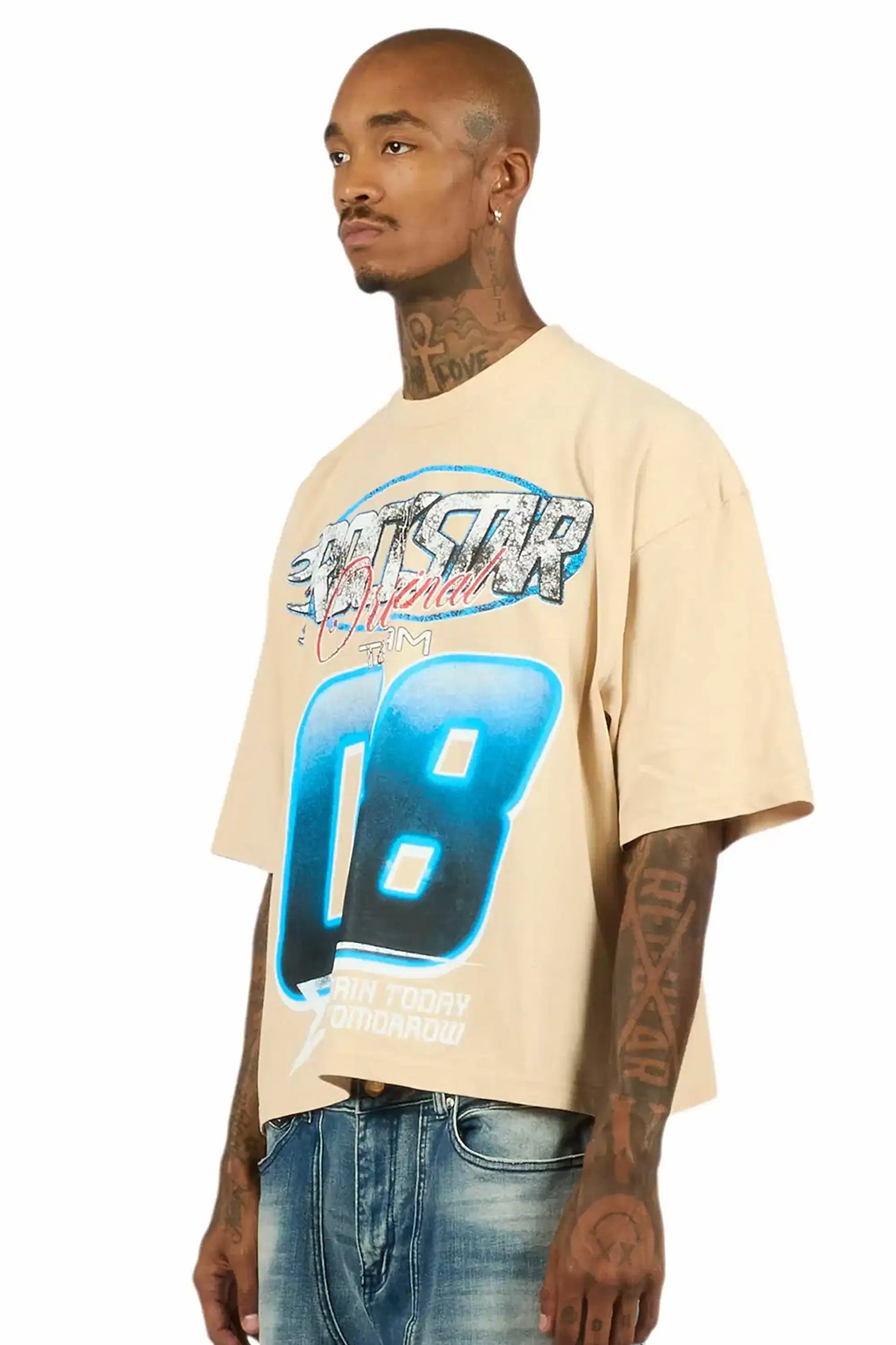 Ryker Beige/Blue Boxy Crop T-Shirt