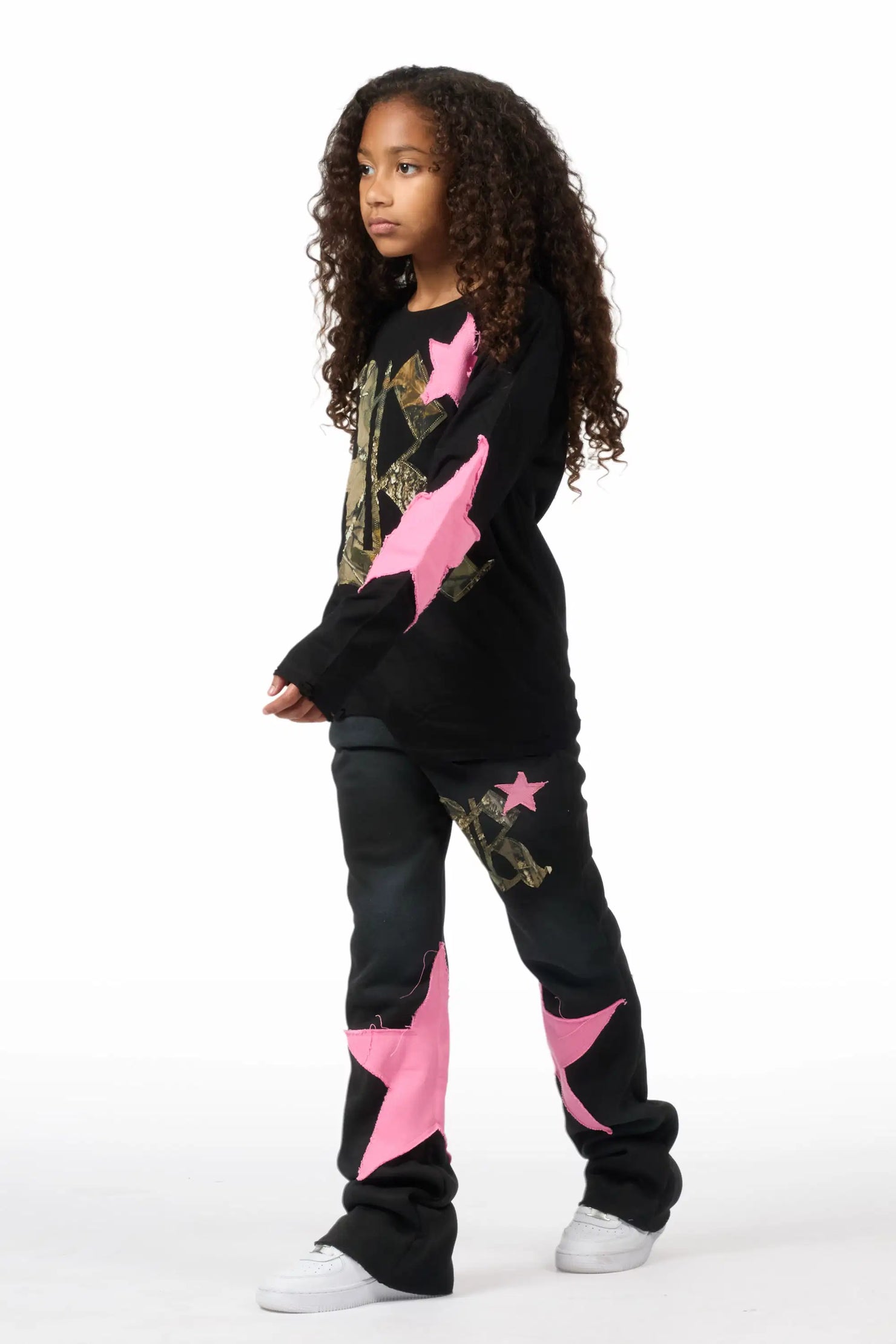 Girls Delgera Black/Pink Long Sleeve T-Shirt Track Set