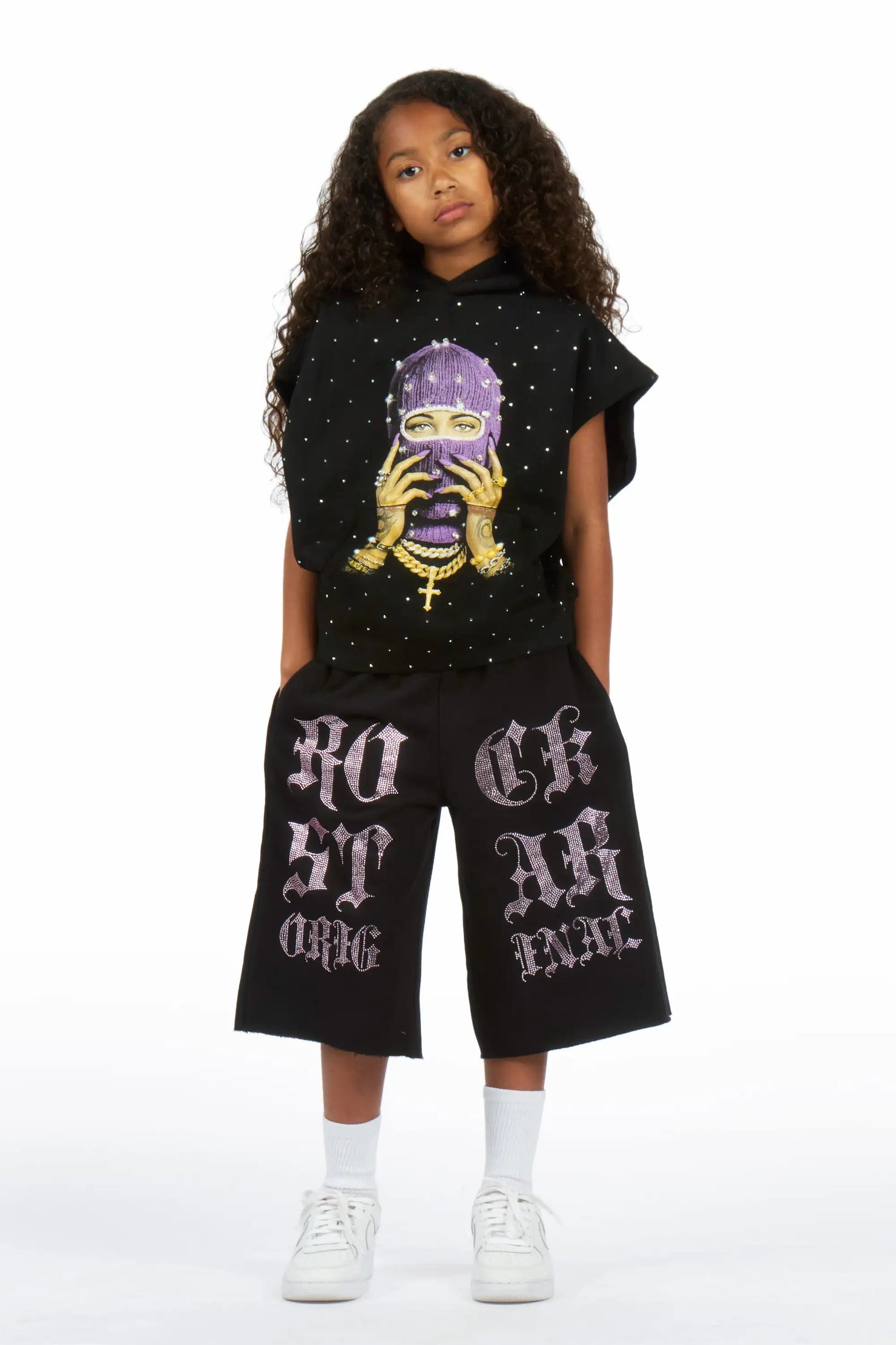 Girls Teiara Black Rhinestone Track Short
