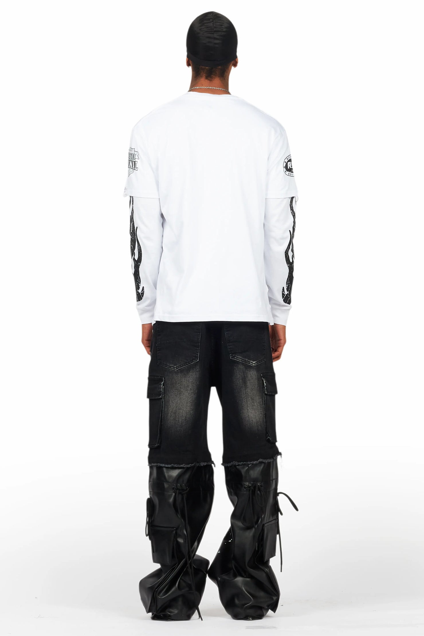 Amos White/Black Double Layer Long Sleeve Graphic T-Shirt
