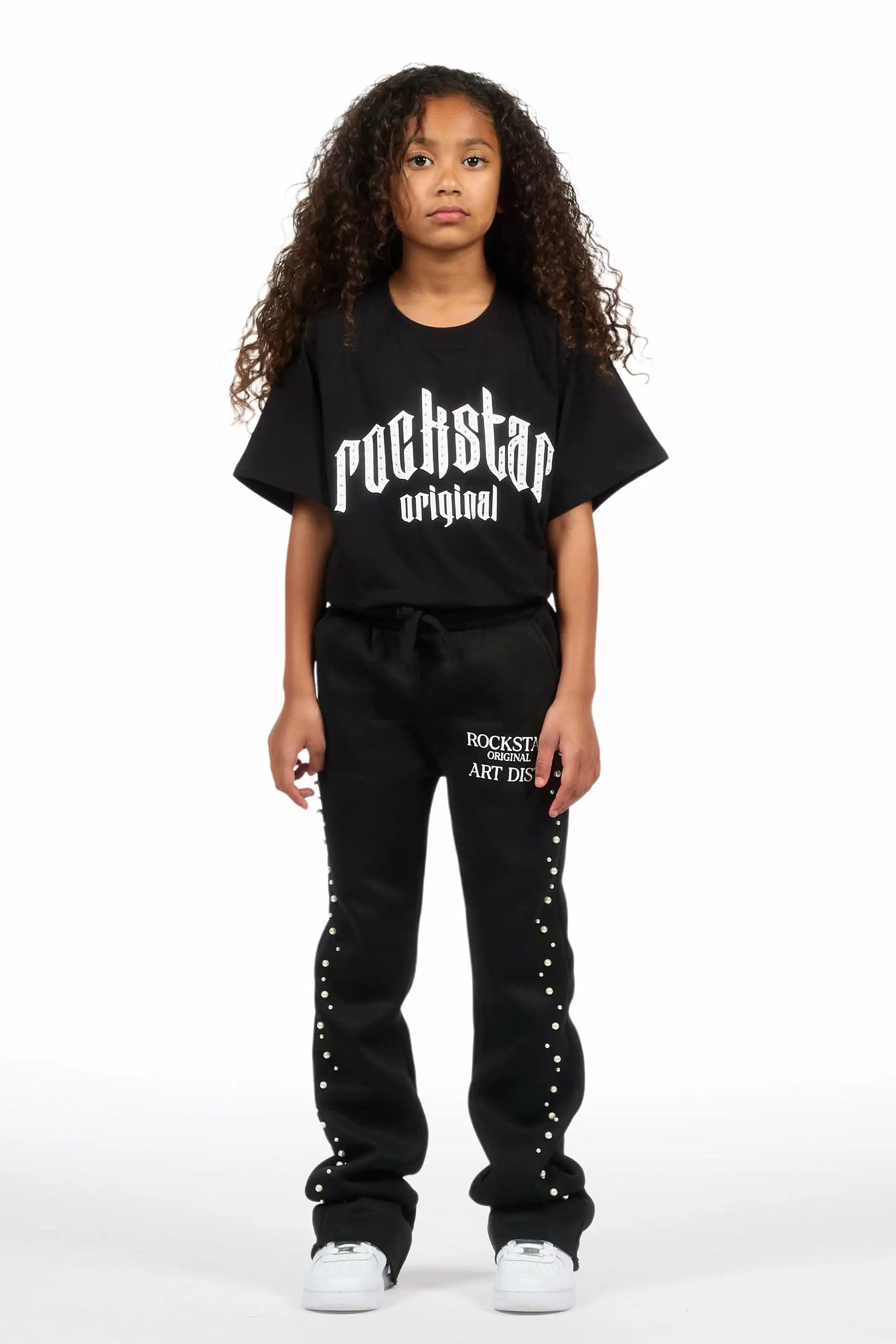 Girls Nikkia Black Pearl Stacked Track Pant