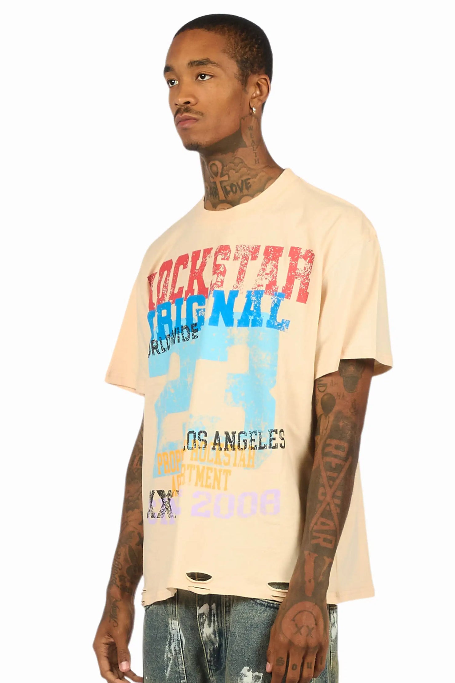 Kyvaris Beige Oversized Graphic T-Shirt