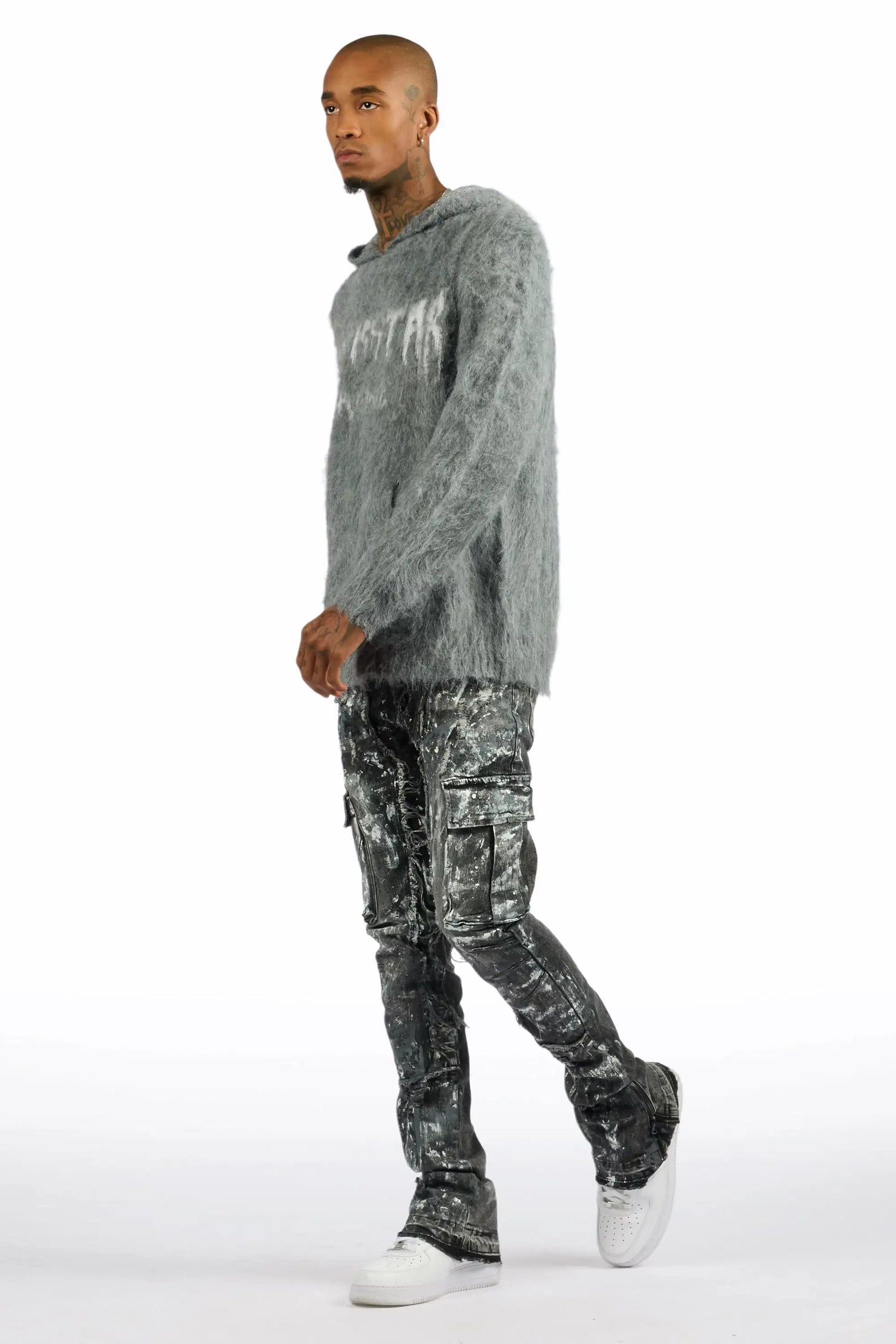 Andros Grey/Dark Grey Mohair Hoodie/Stacked Flare Jean Set
