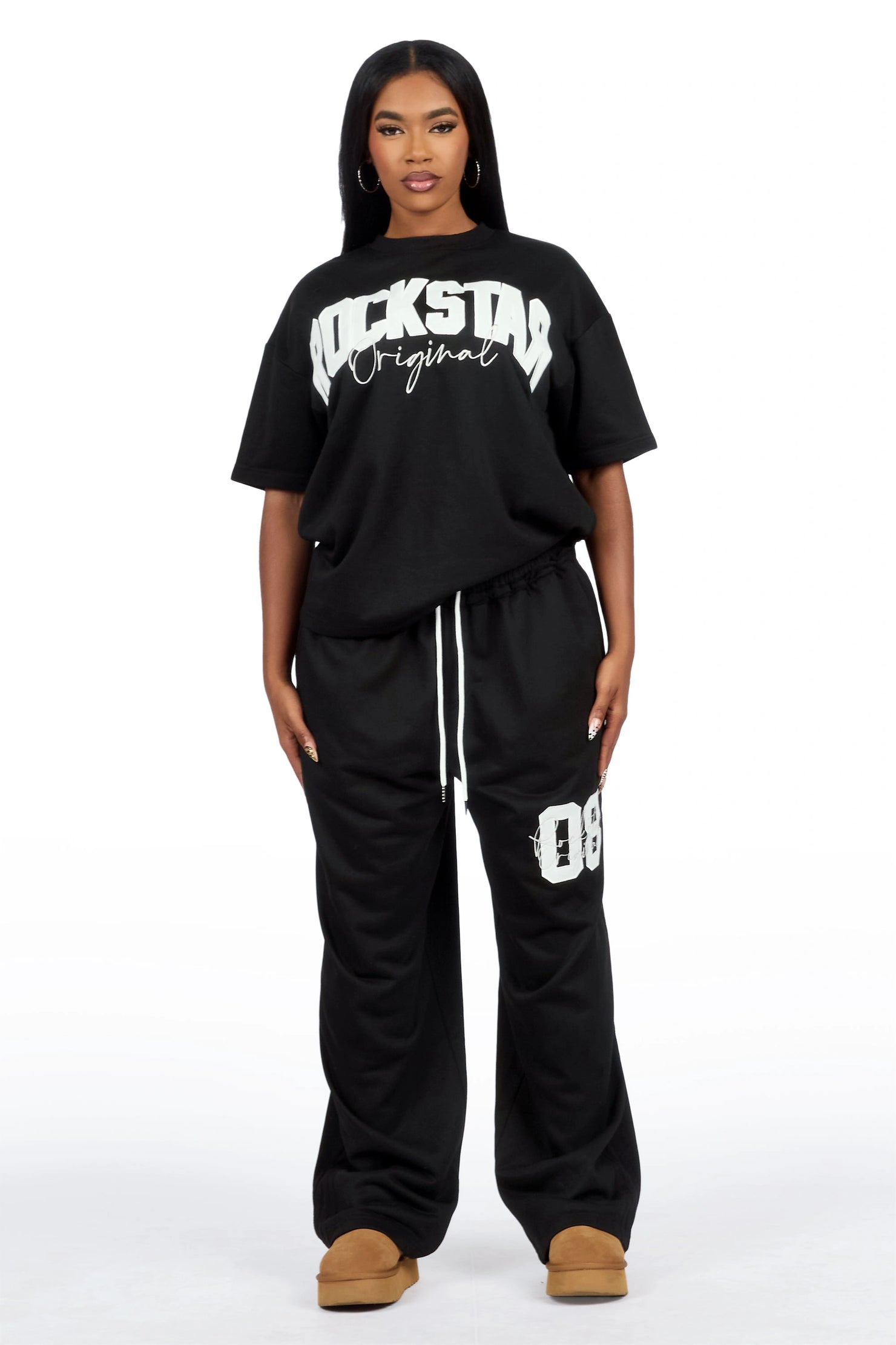 Cheyane Black French Terry Chenille Tee/ French Terry Relaxed Track Set
