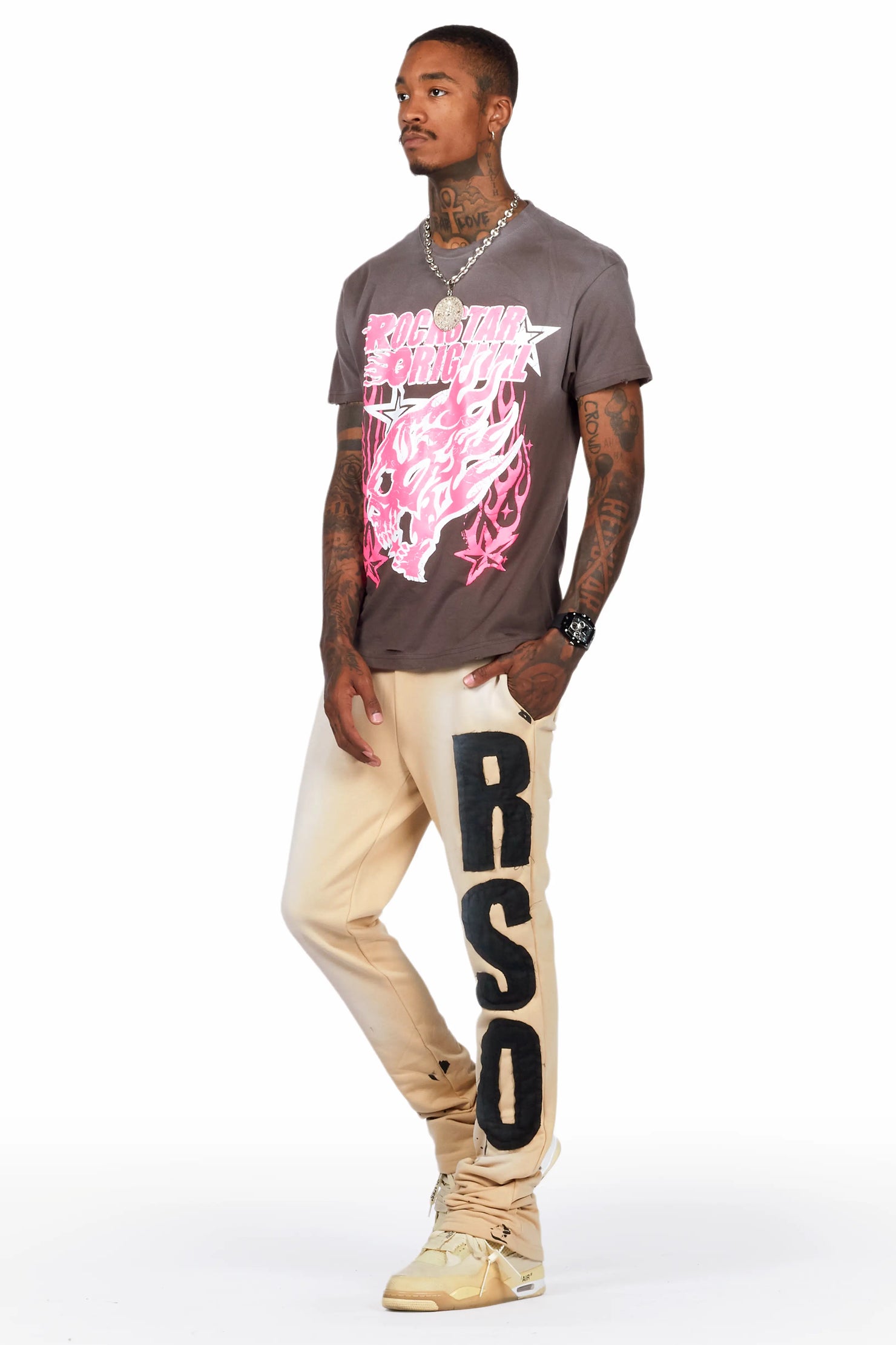 Acotas Khaki Patchwork Stacked Flare Pants