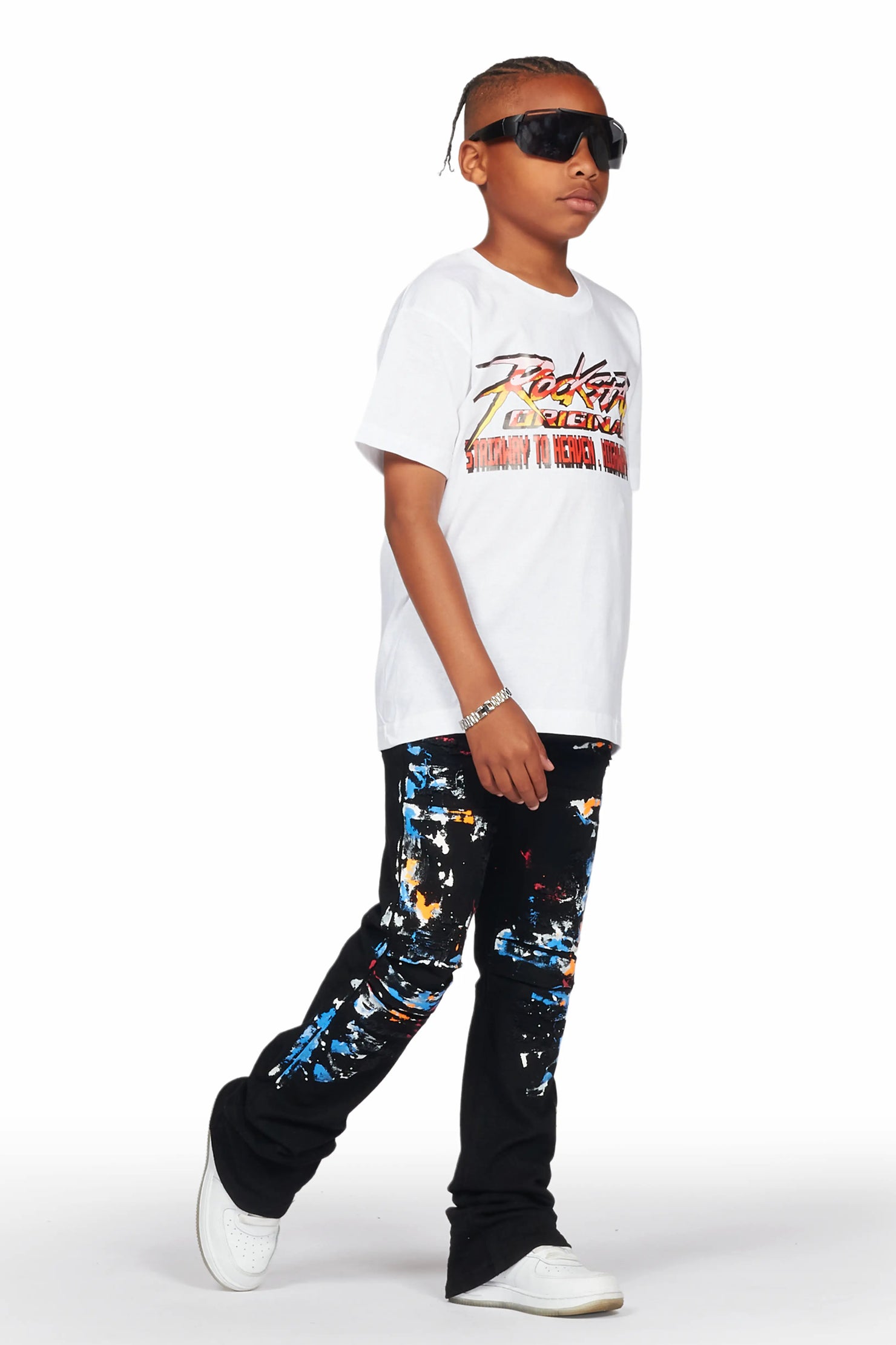 Boys Sagen White T-Shirt/Stacked Flare Jean Set