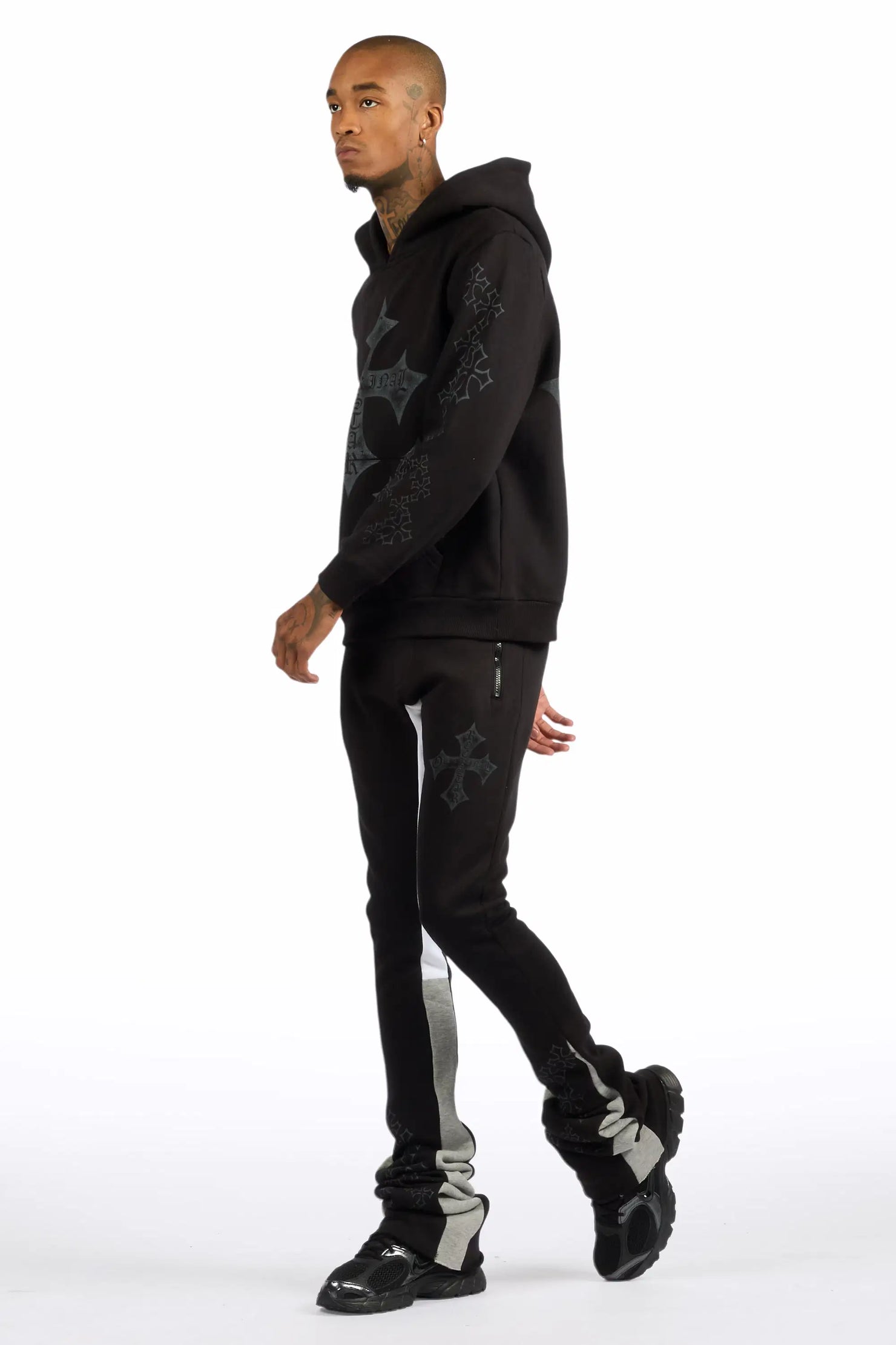 Marzion Black/Grey Hoodie/Stacked Flare Track Set