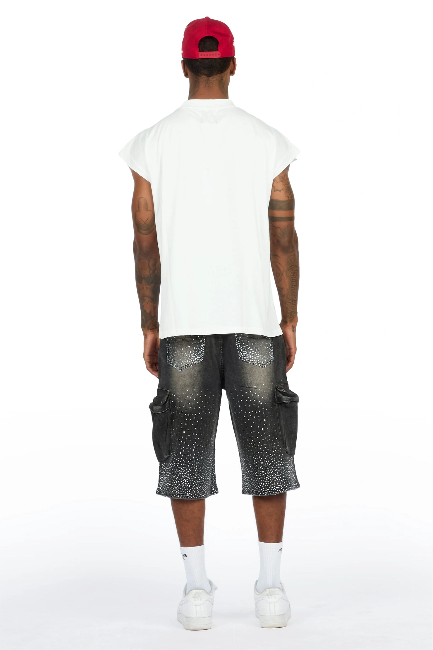 Keoni White Rhinestone Cut Sleeve T-Shirt Denim Short Set