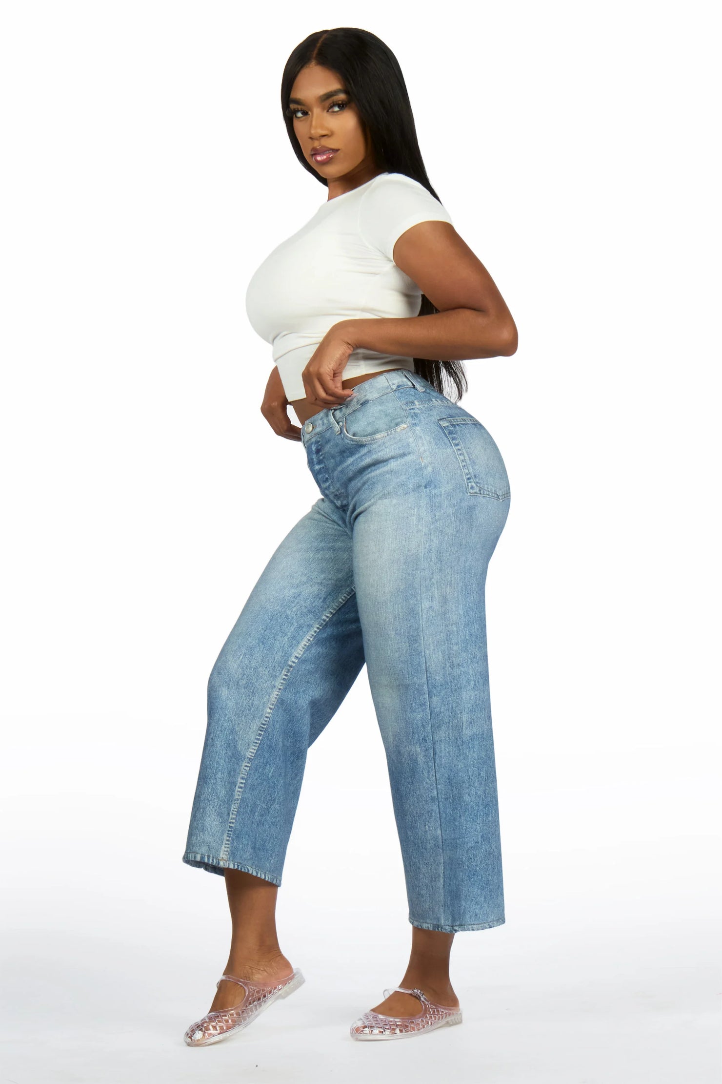 Moxley Med. Wash Denim Print Stretch Terry Sweatpant Capri