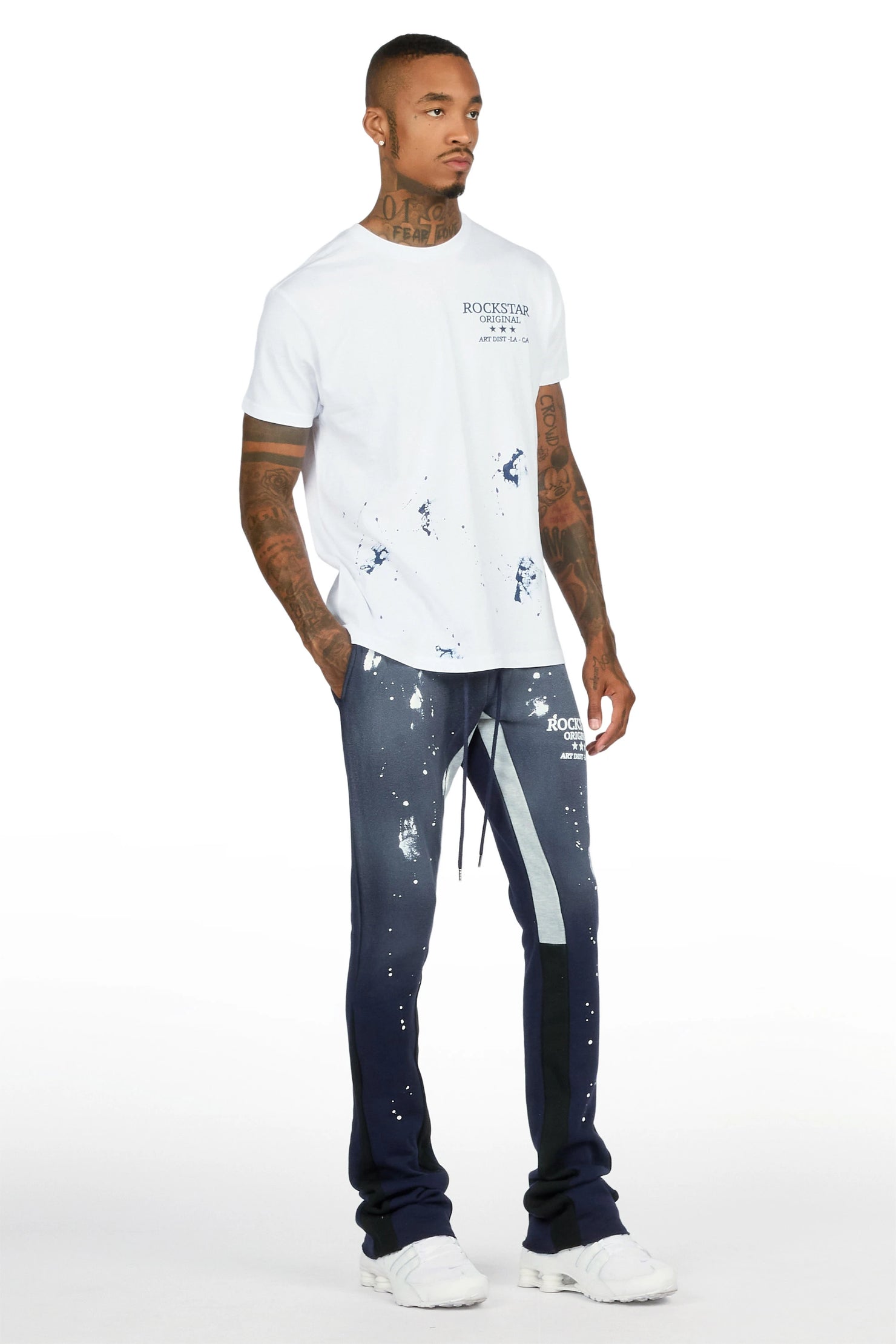 Damek White/Navy T-shirt/Stacked Flare Track Pant Set