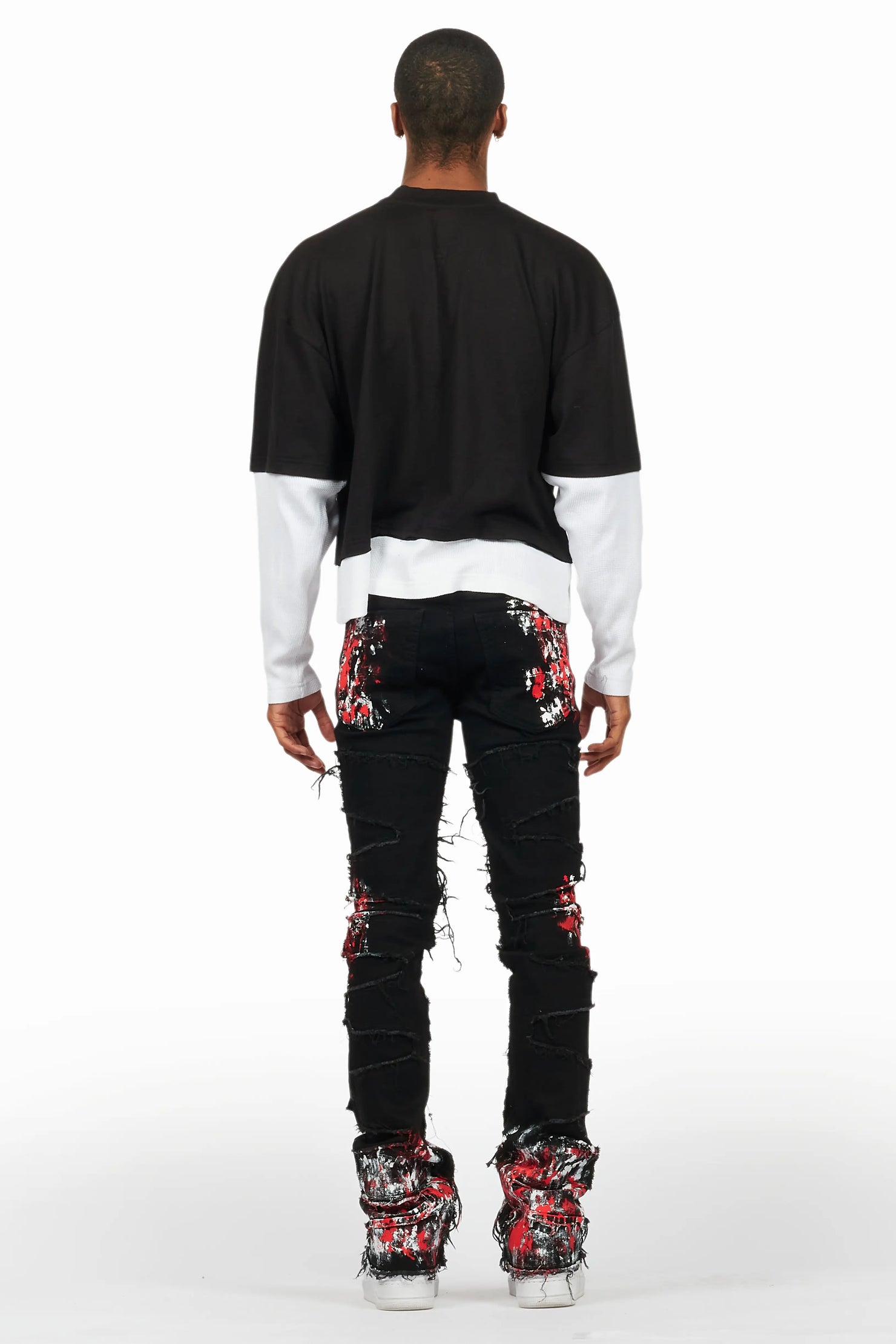 Kodak Black/Red Painter Stacked Flare Fringe Jean