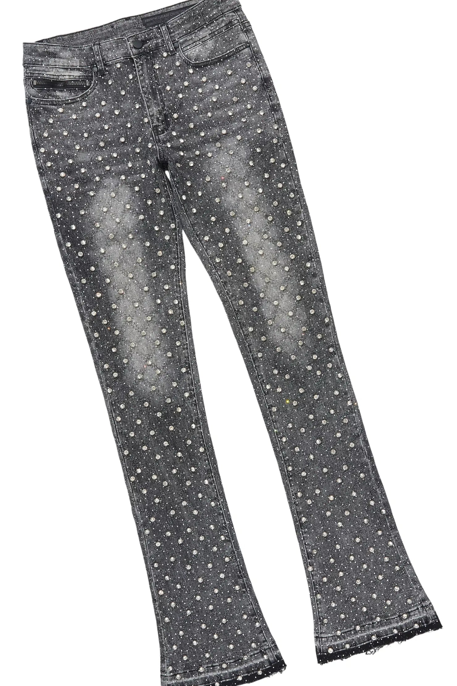 Glit Dark Grey Rhinestone Denim Jacket/Stacked Flare Jean Set