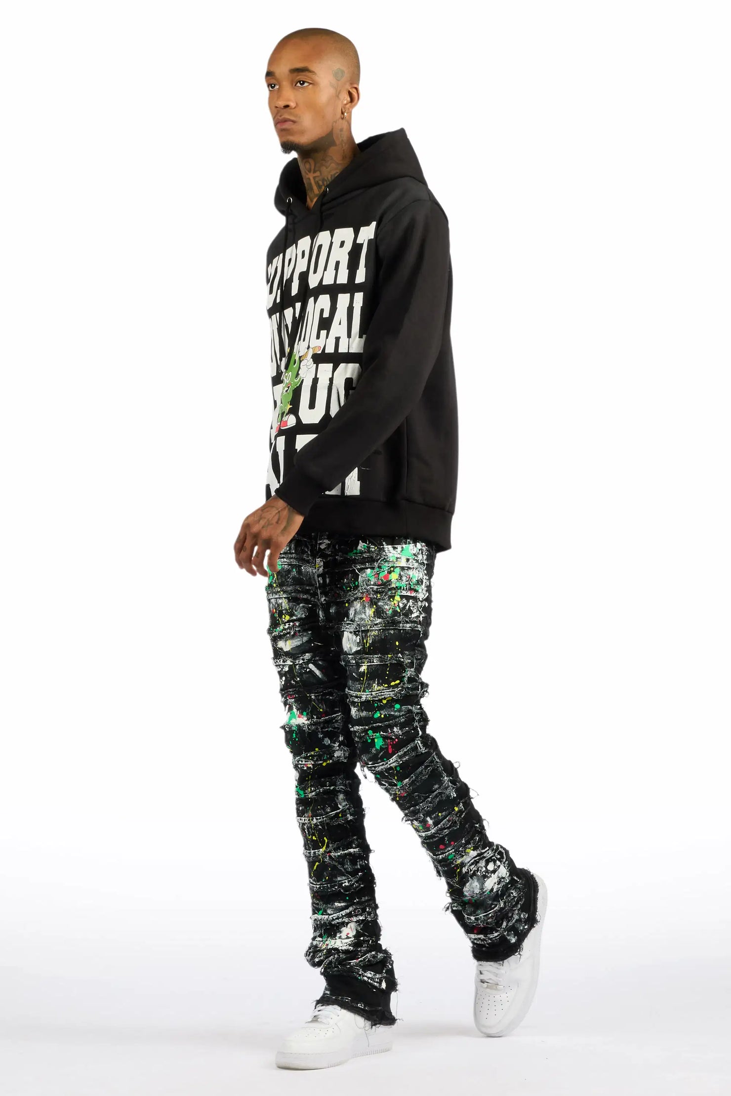 Tarl Black/Black Hoodie/Stacked Flare Jean Set