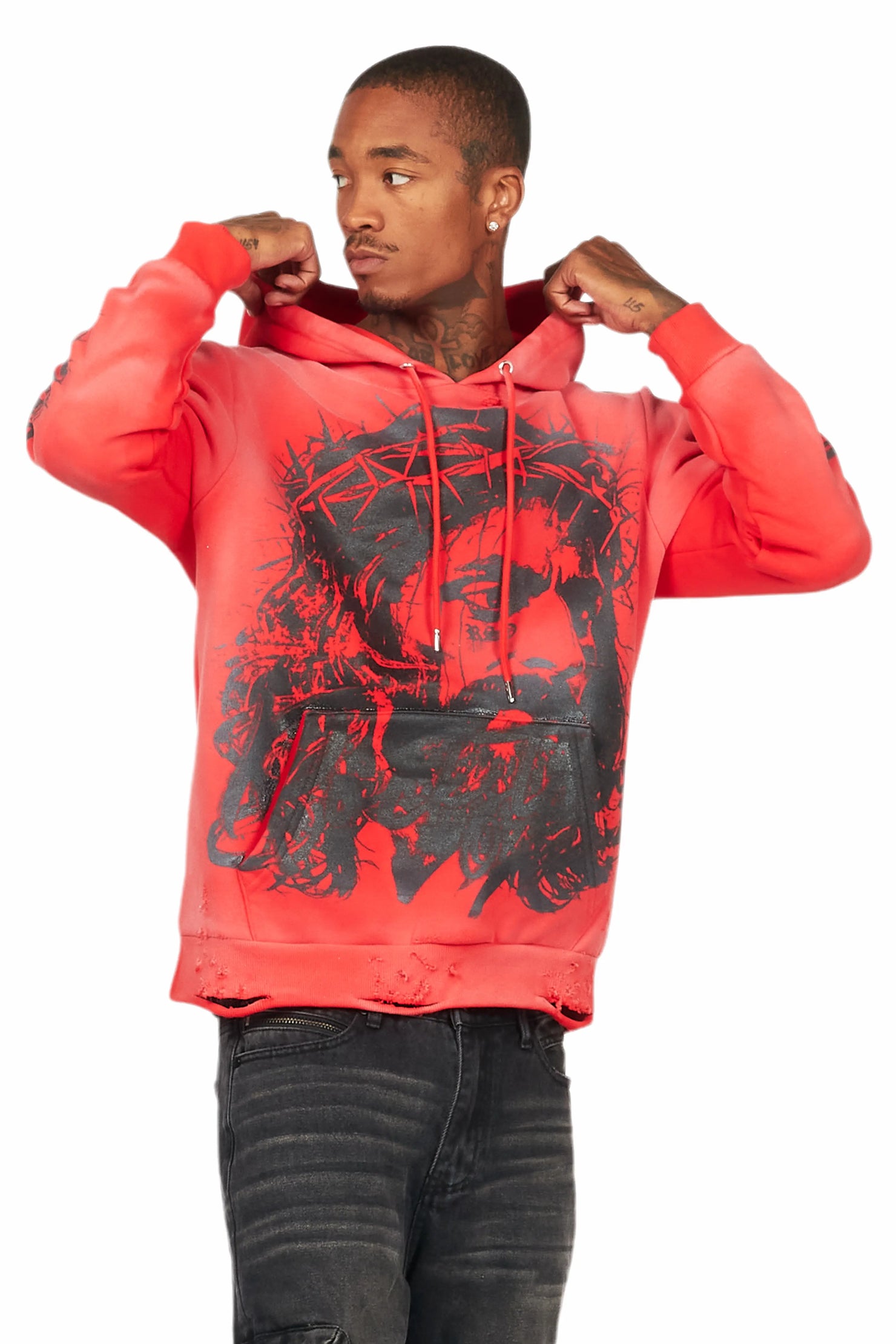 Bedros Red Graphic Distressed Hoodie