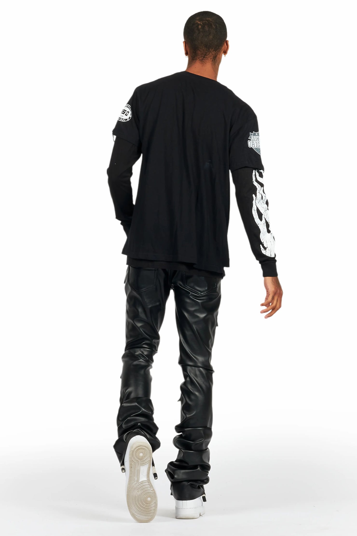 Petrus Black PU Stacked Flare Leather Jean