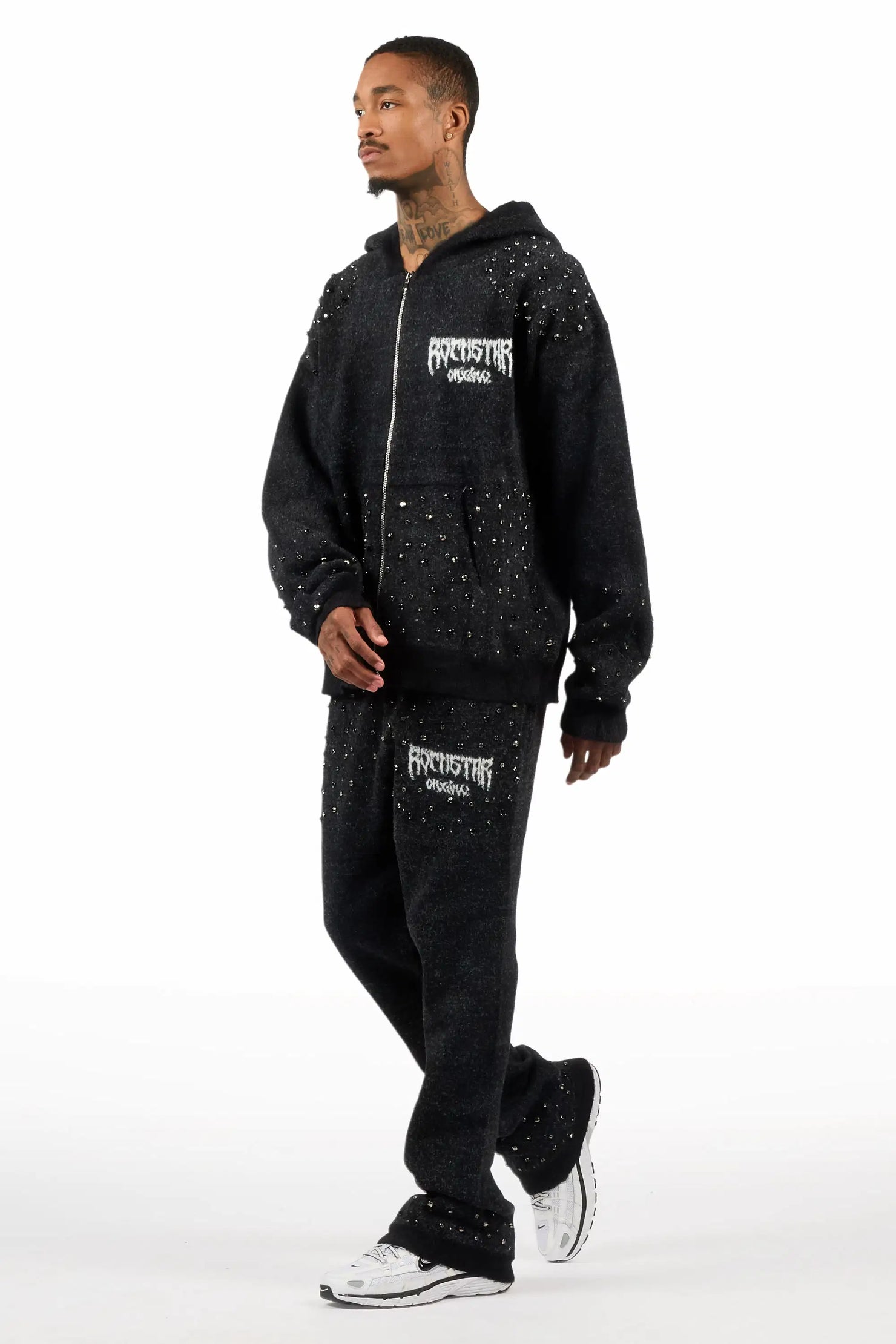 Lapiz Black Rhinestone Mohair Knit Stacked Flare Track Set