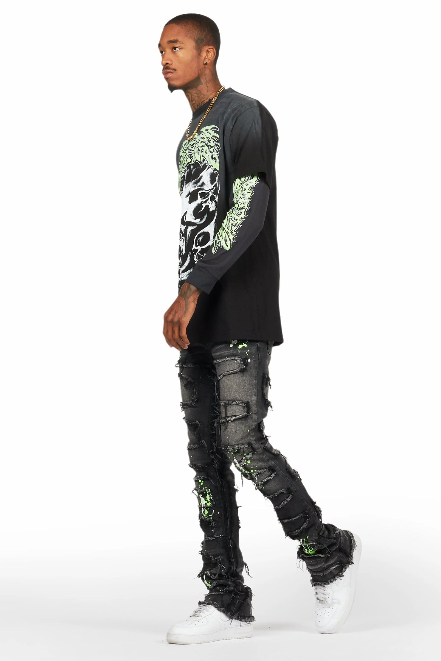 Schtupp Black Double Layer T-Shirt/Stacked Flare Jean Bundle