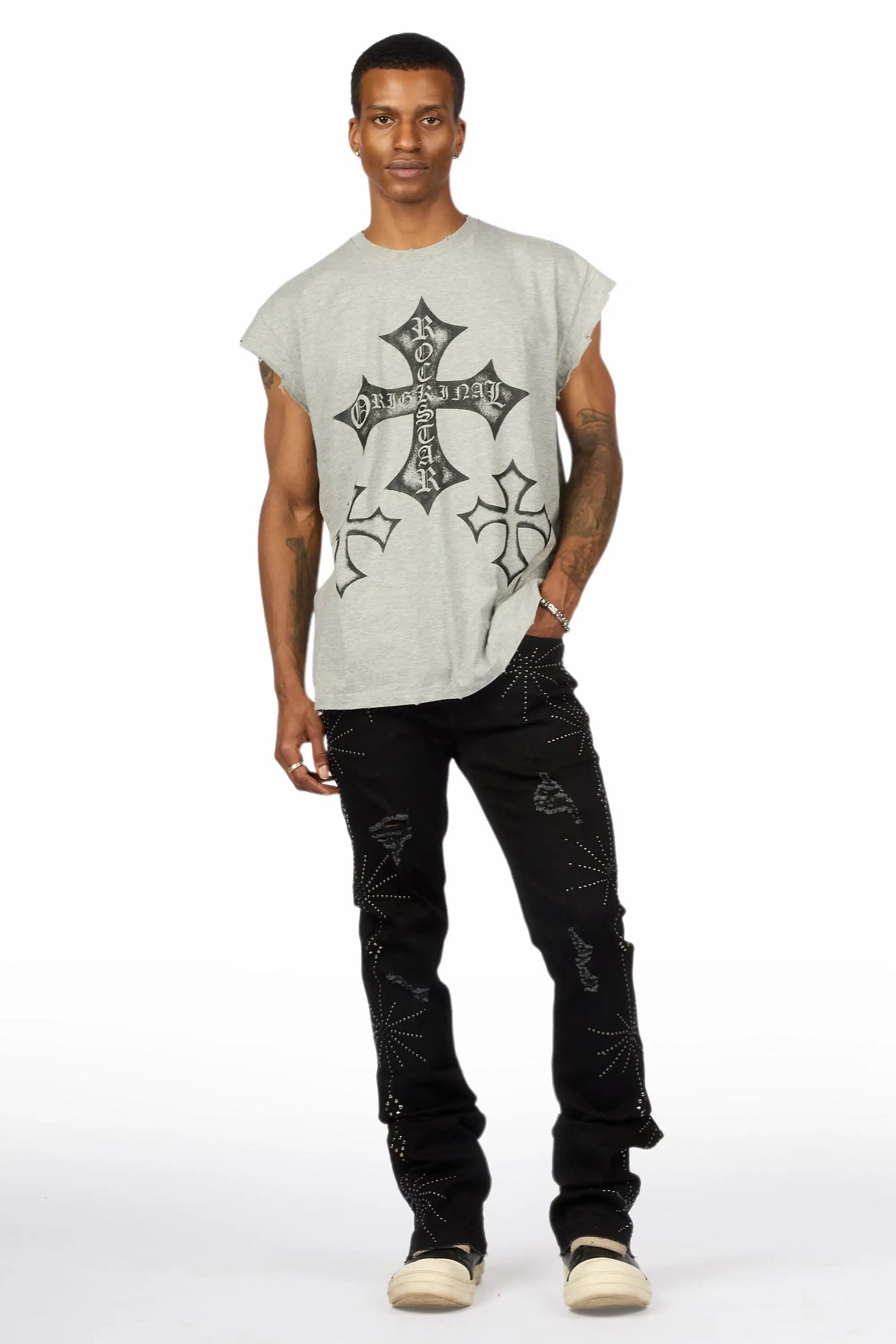 Strast Jet Black Stud Stacked Flare Jean