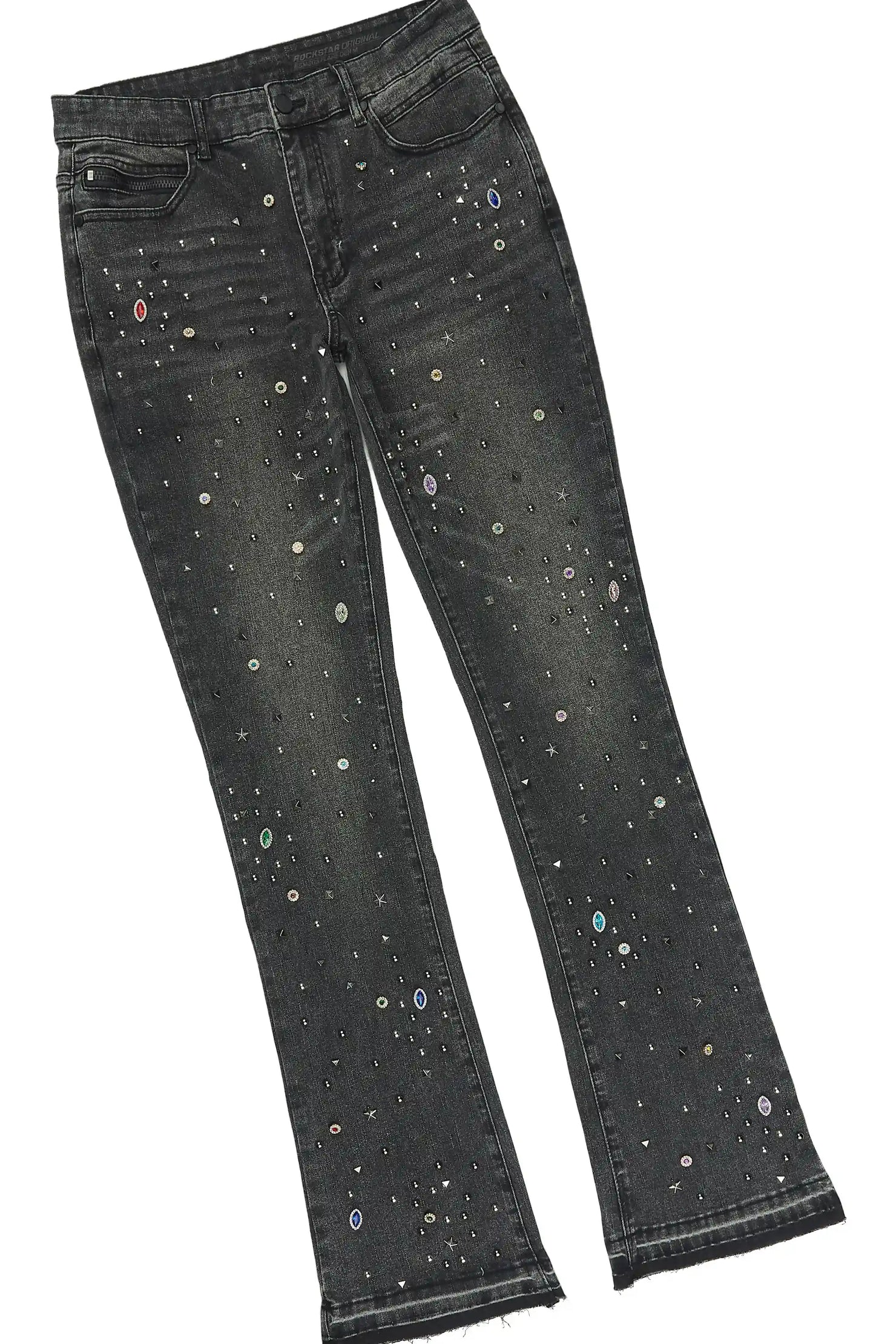 Norris Jet Black Rhinestone Denim Jacket/Stacked Flare Jean Set