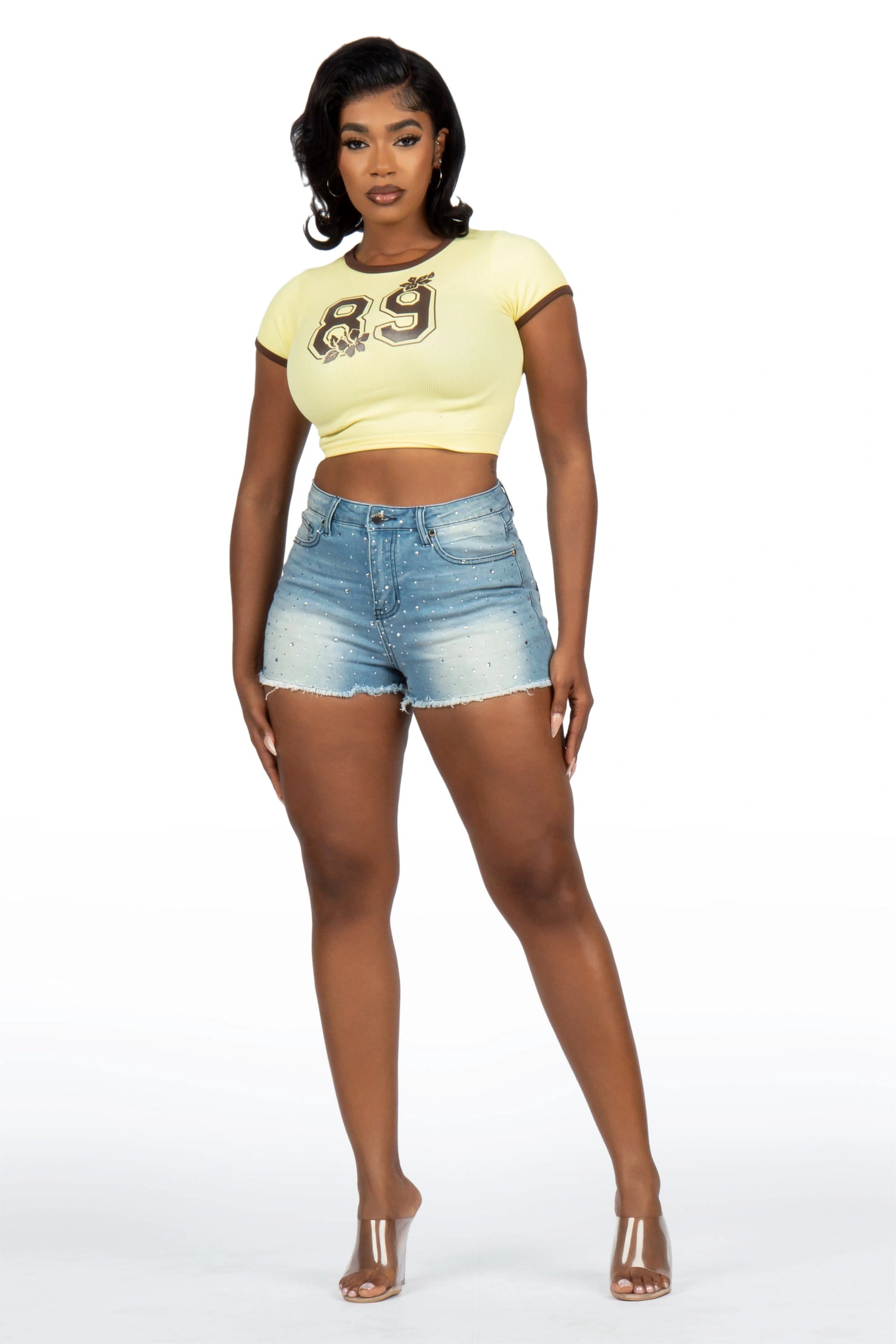 Kelle Light Wash Rhinestone Booty Short