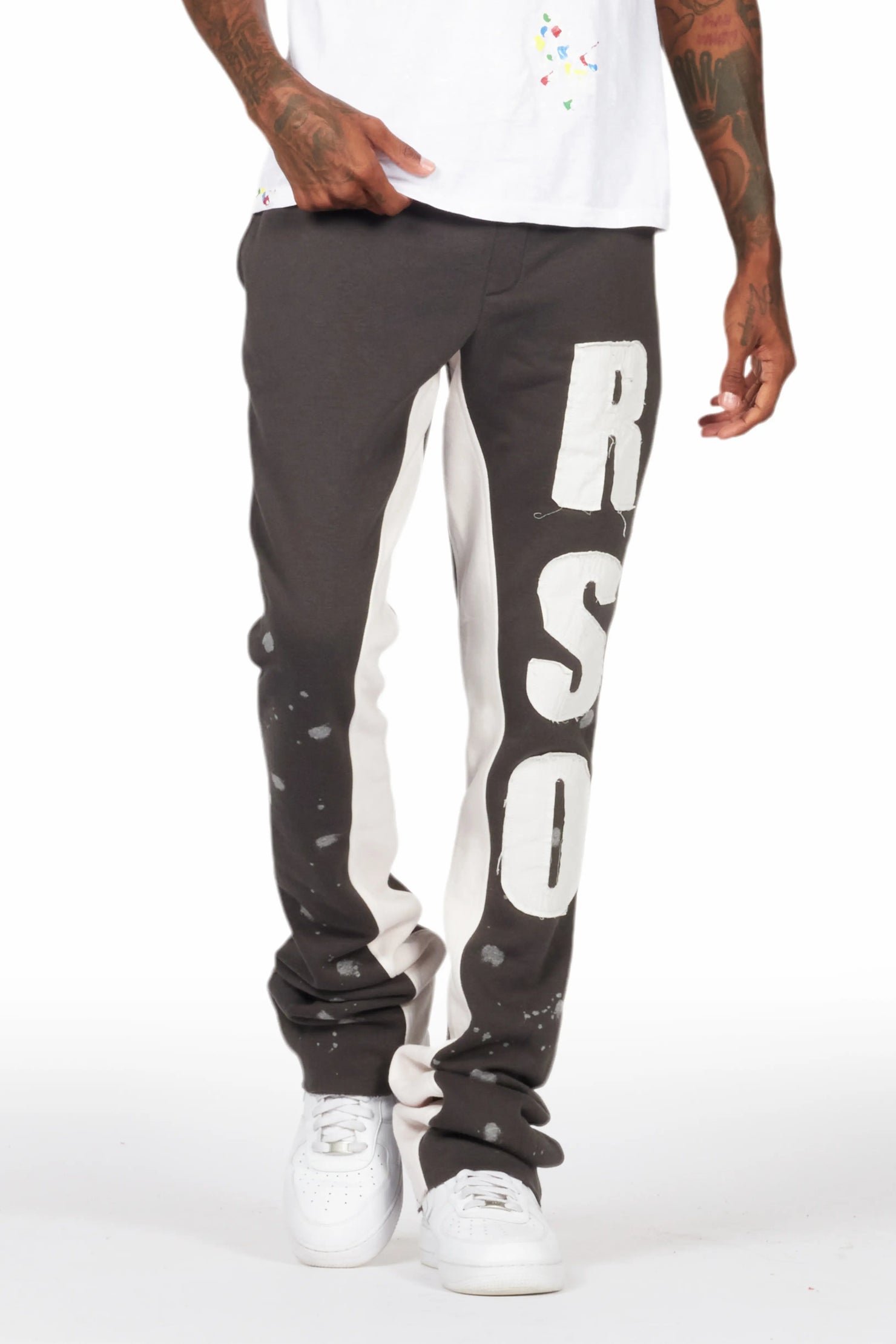 Uko Vintage Grey Patchwork Stacked Flare Track Pant