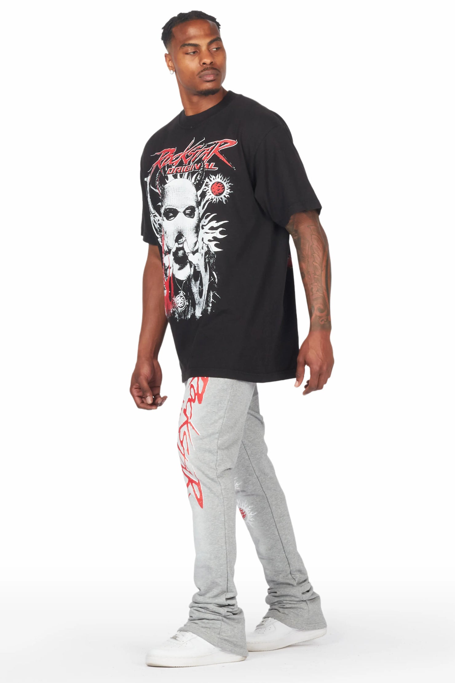 Mercy Black/Grey Oversized T-Shirt/ Stacked Flare Track Pant Set