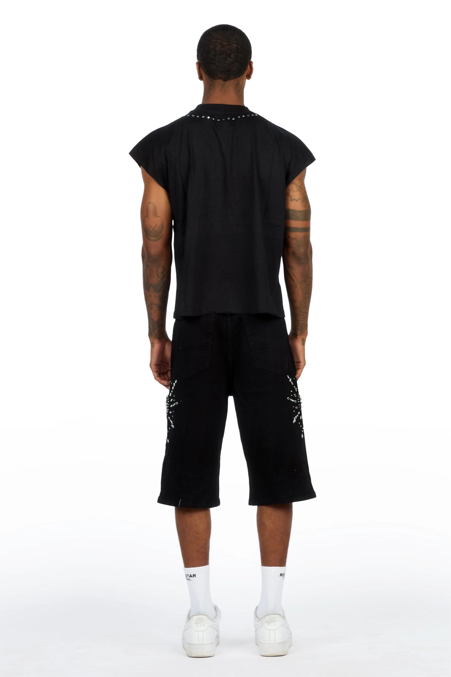 Tryst Black Rhinestone Cut Sleeve T-Shirt Denim Short Set