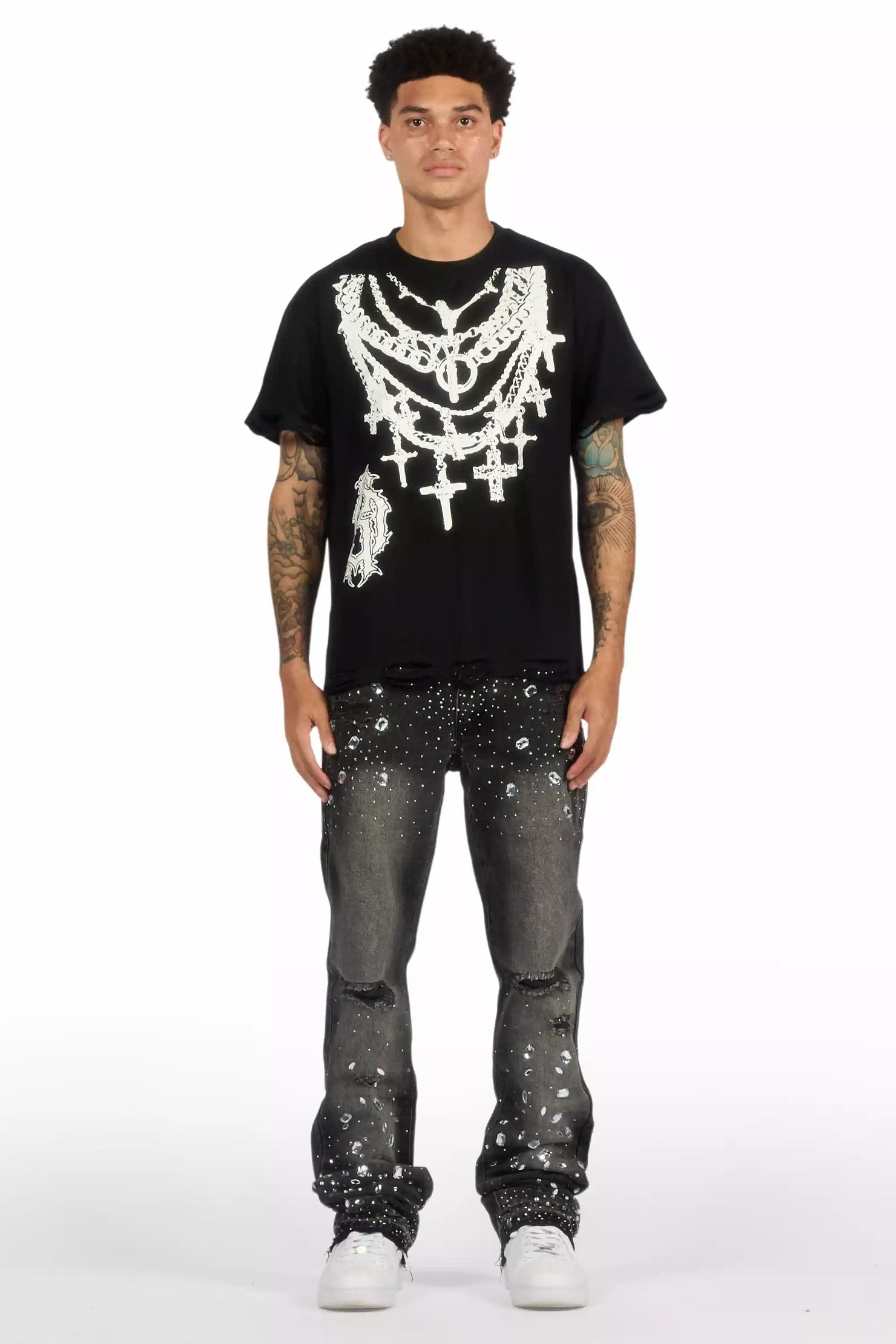 Glanz Dark Grey Rhinestone Stacked Flare Jean