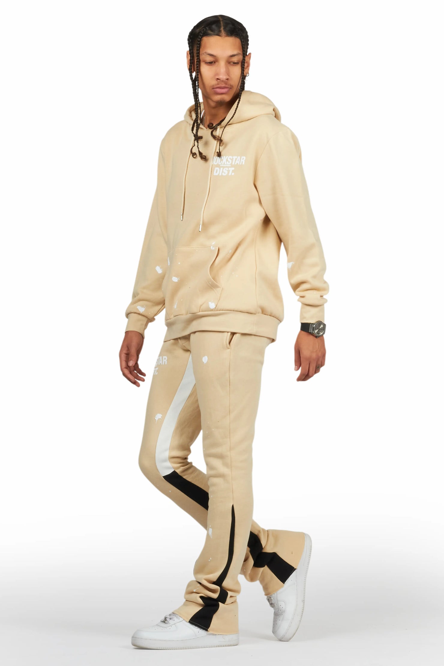 Raffer Beige Hoodie/Stacked Flare Pant Set