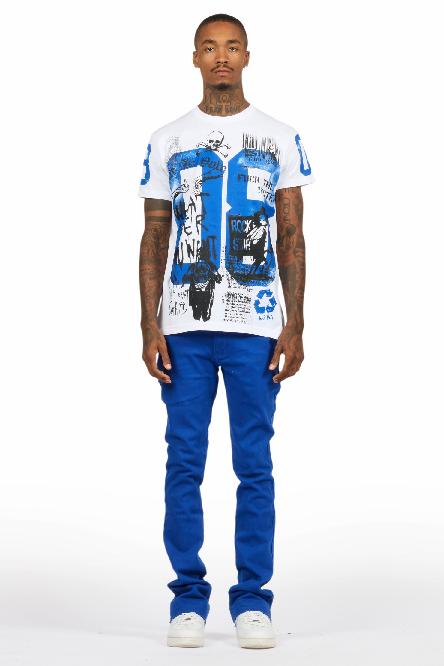 Grill White/Royal Blue Oversized Graphic T-Shirt/Dag Stacked Flare Jean Set