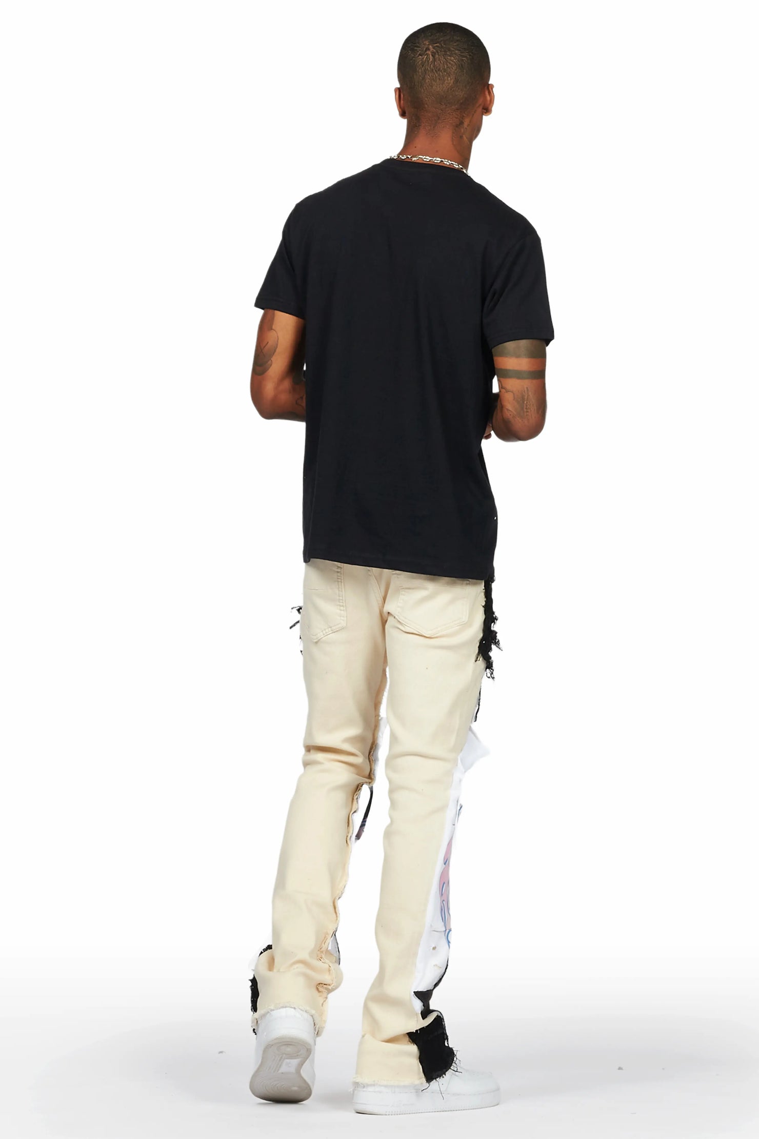 Helios Beige Patchwork Stacked Flare Jean