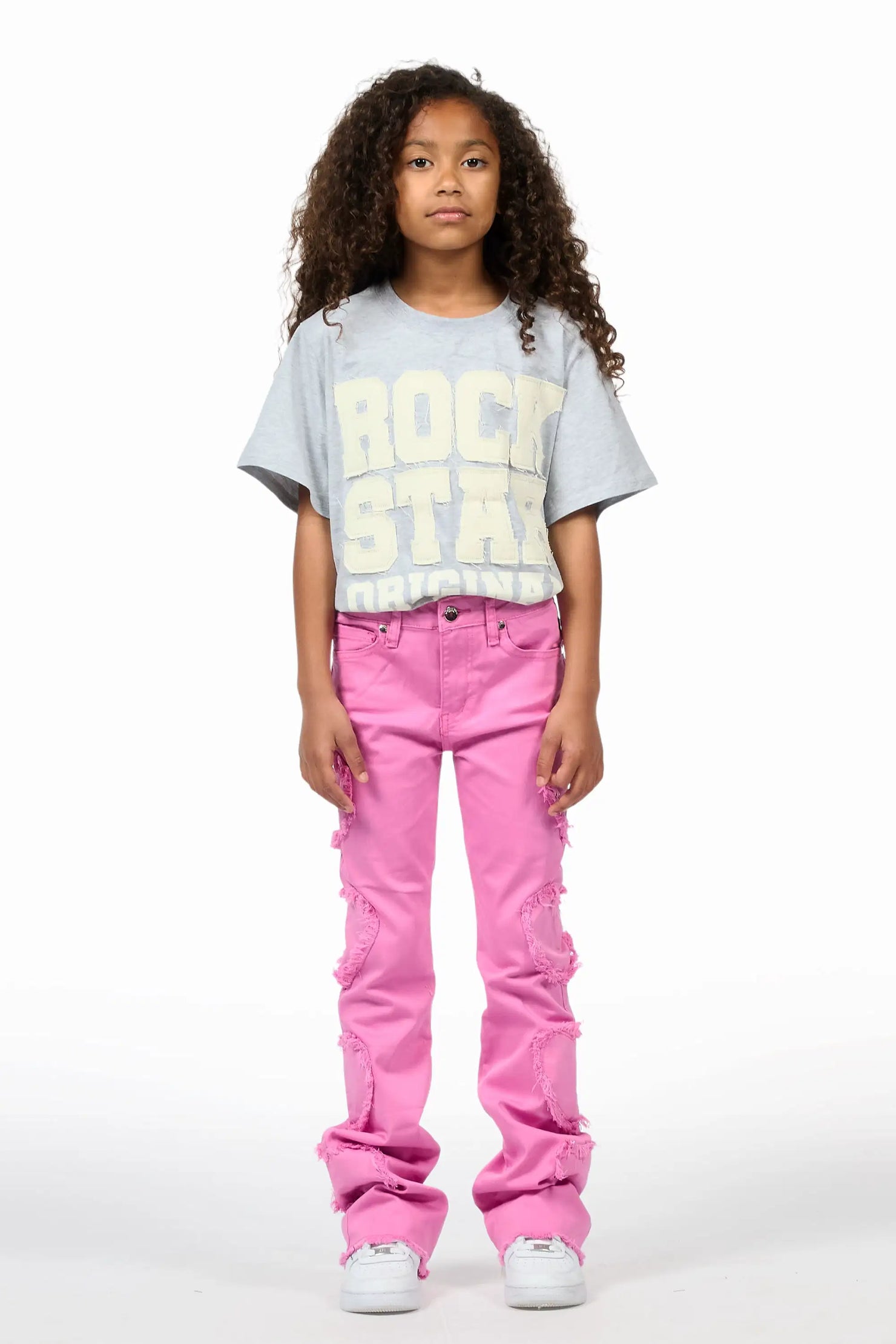 Girls Sinayah Heart Baby Pink Stacked Flare Jean