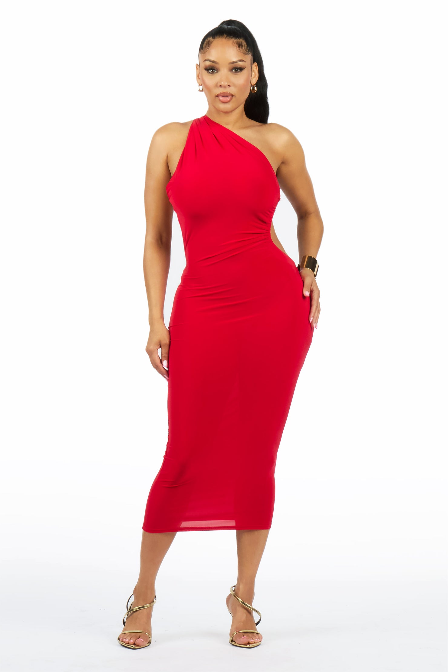 Chain-Back Asym Red Midi Dress