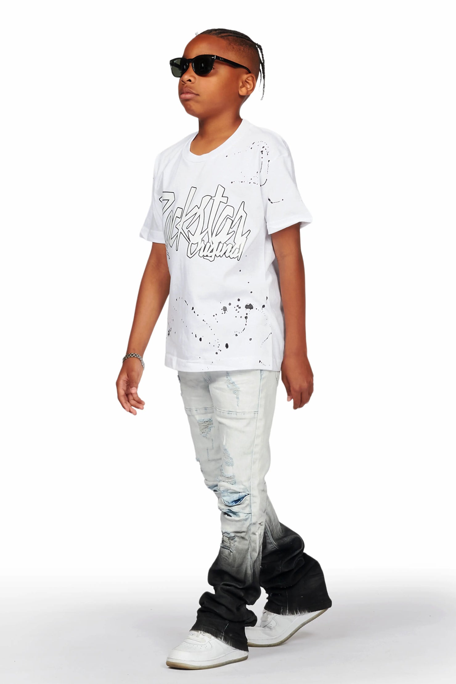 Boys Tallis White T-Shirt/Stacked Flare Jean Set