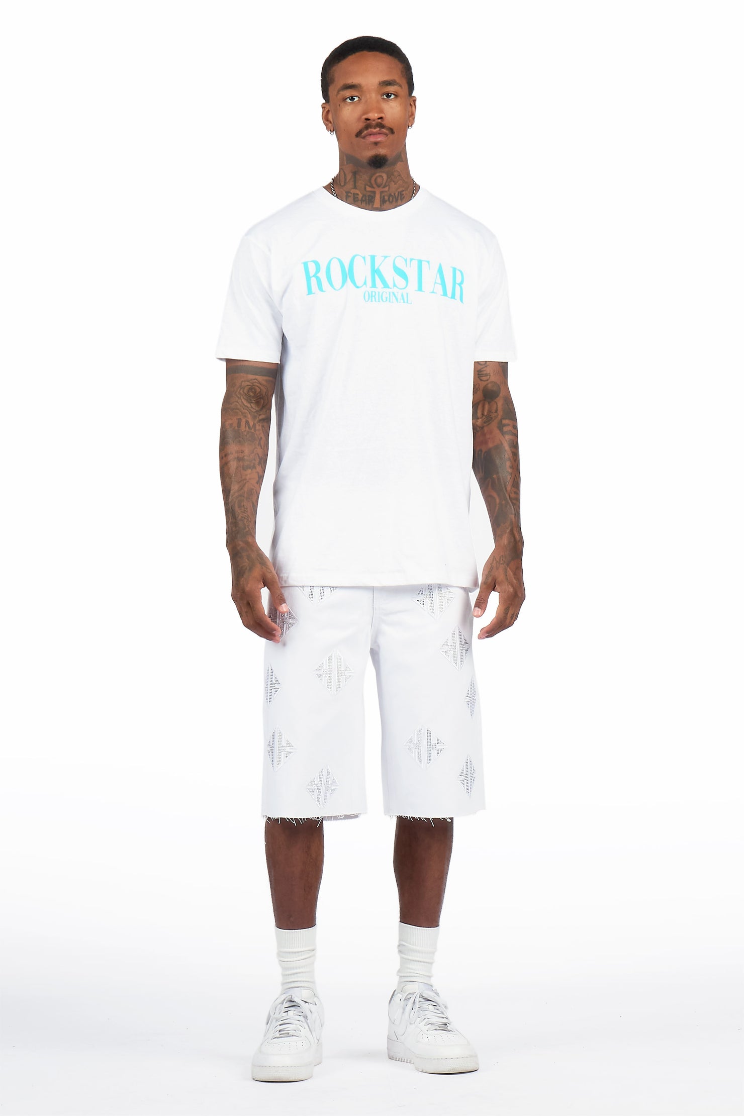 Chelot White Rhinestones Denim Short