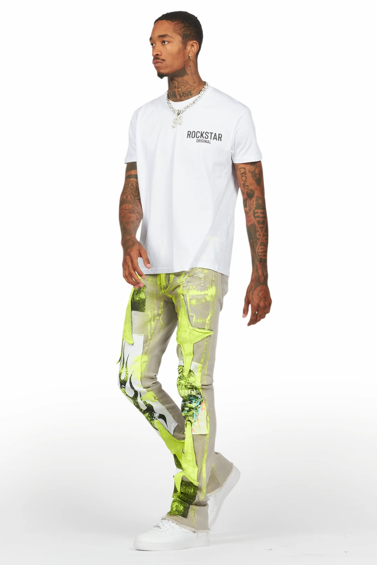 Edge Grey/Yellow Roller Paint Stacked Flare Jean