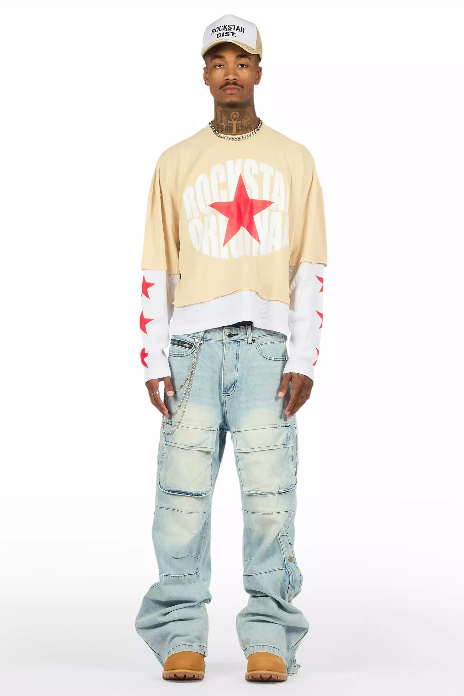 States Beige/White Boxy Crop Double Layer Tee