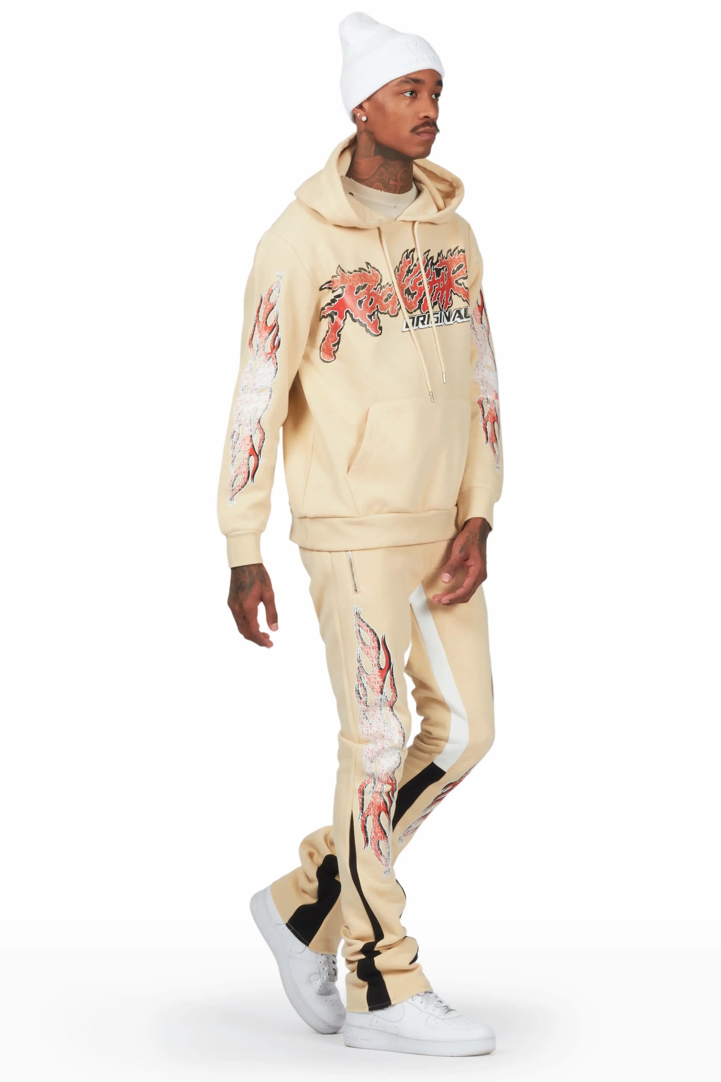 Yash Beige/Black Hoodie Stacked Flare Track Set
