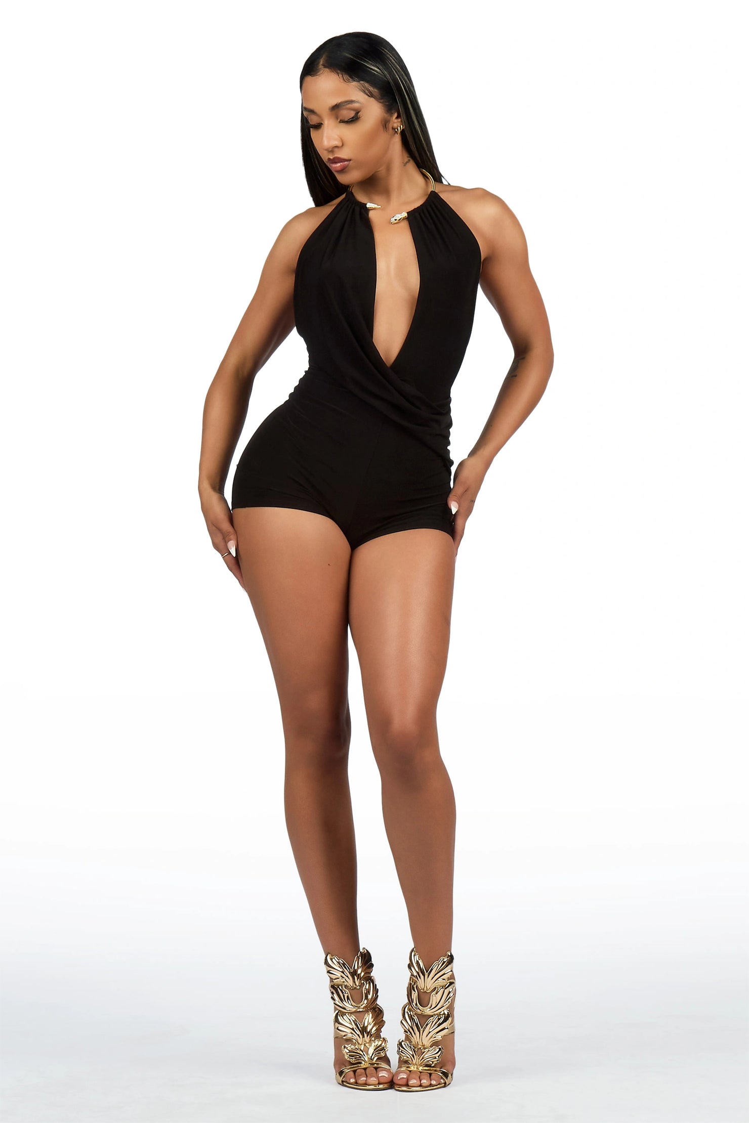 Coil-It Black Drape Neck Romper
