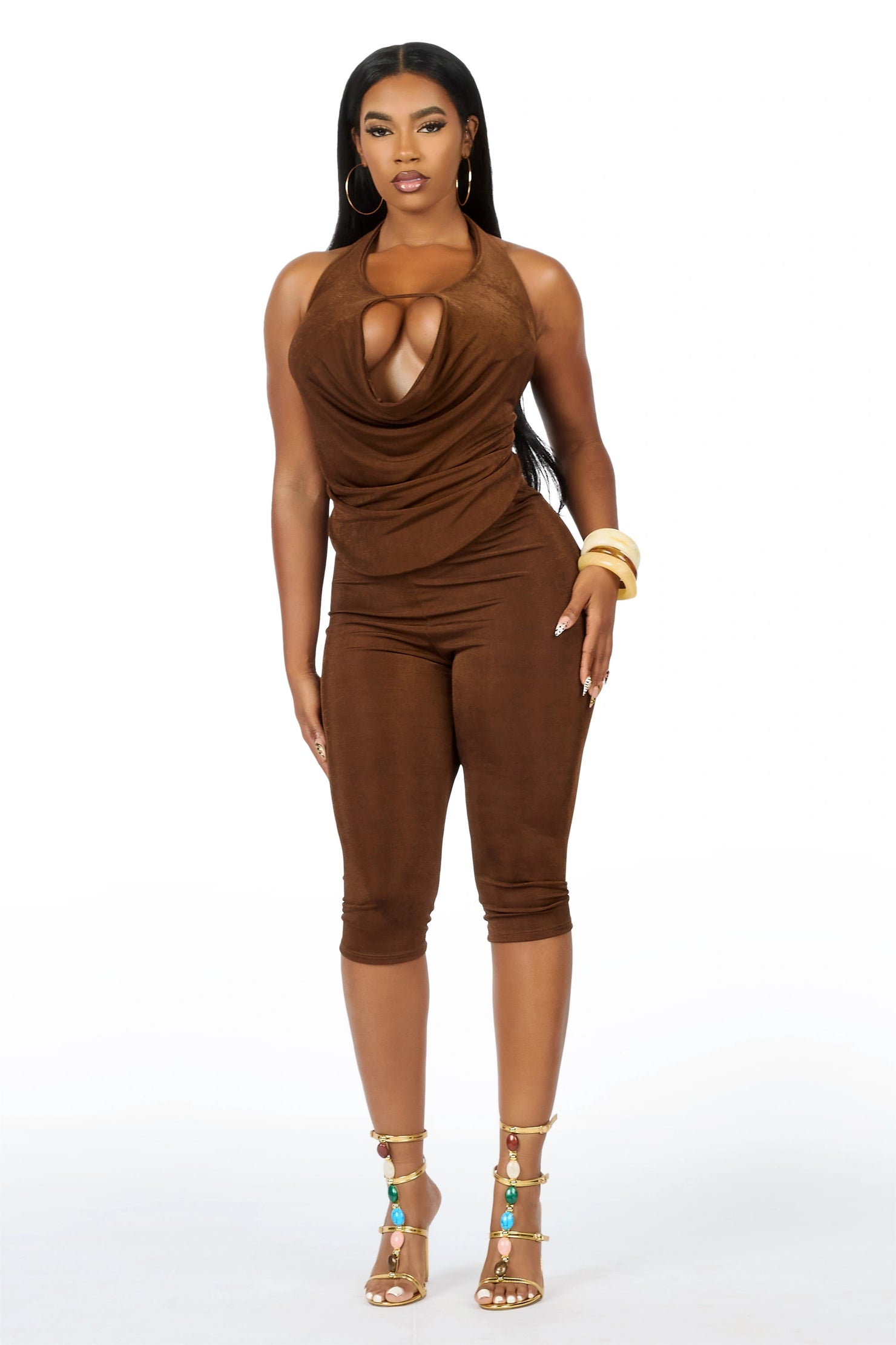 Draped-Up Brown Matching Capri Set