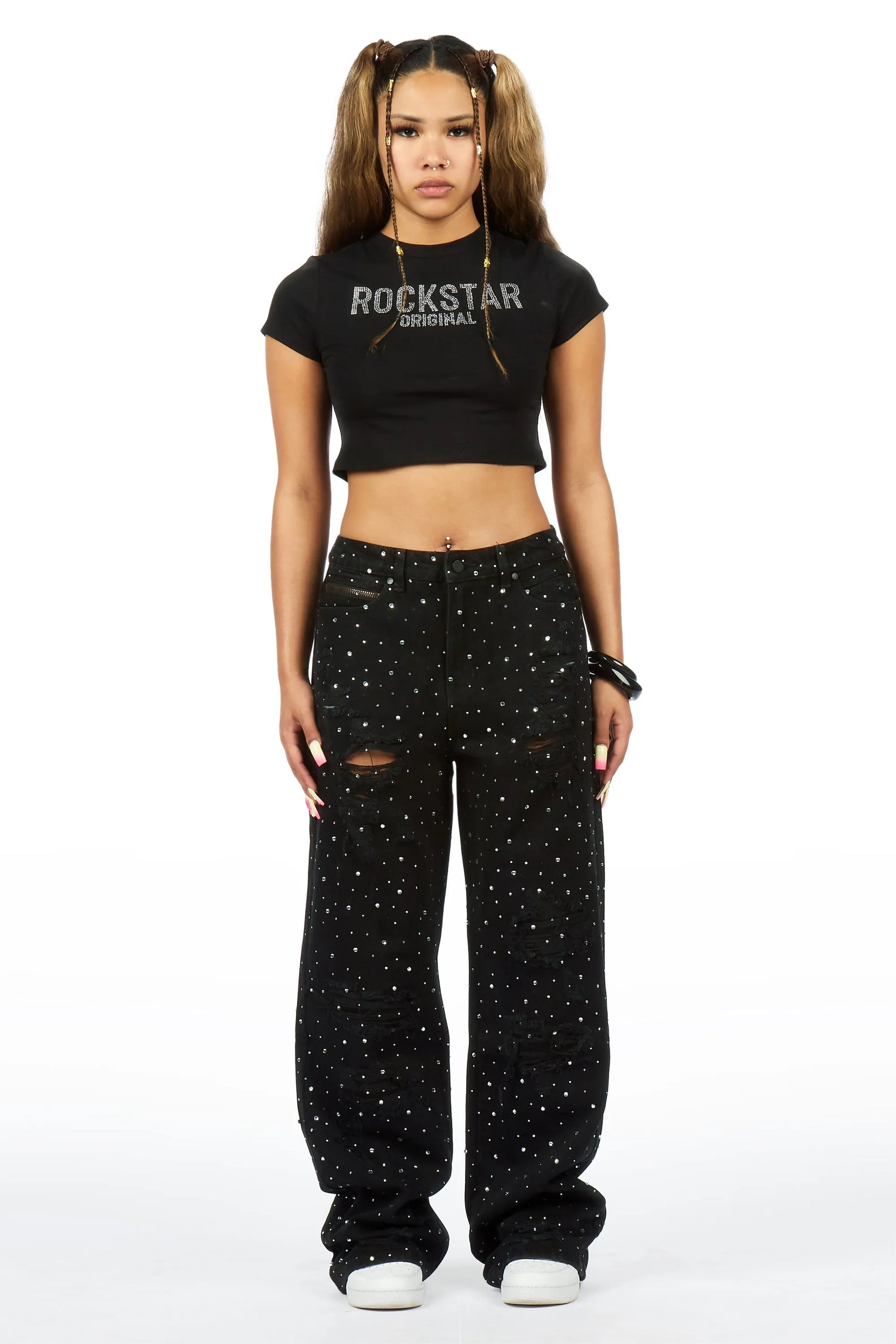 Amayah Black Rhinestone Baggy Fit Jean