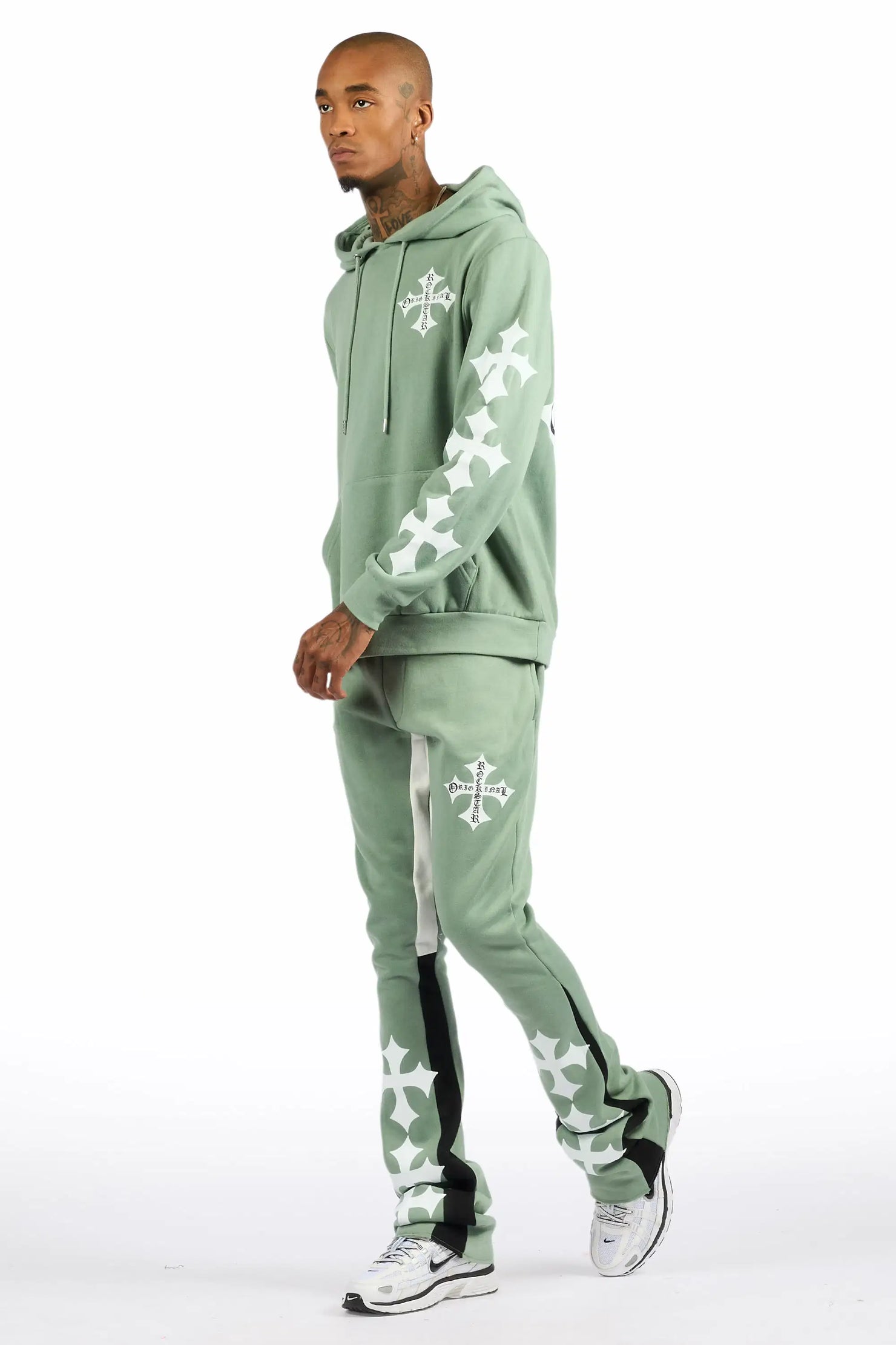 Slaydr Sage/White Hoodie/Stacked Flare Track Set