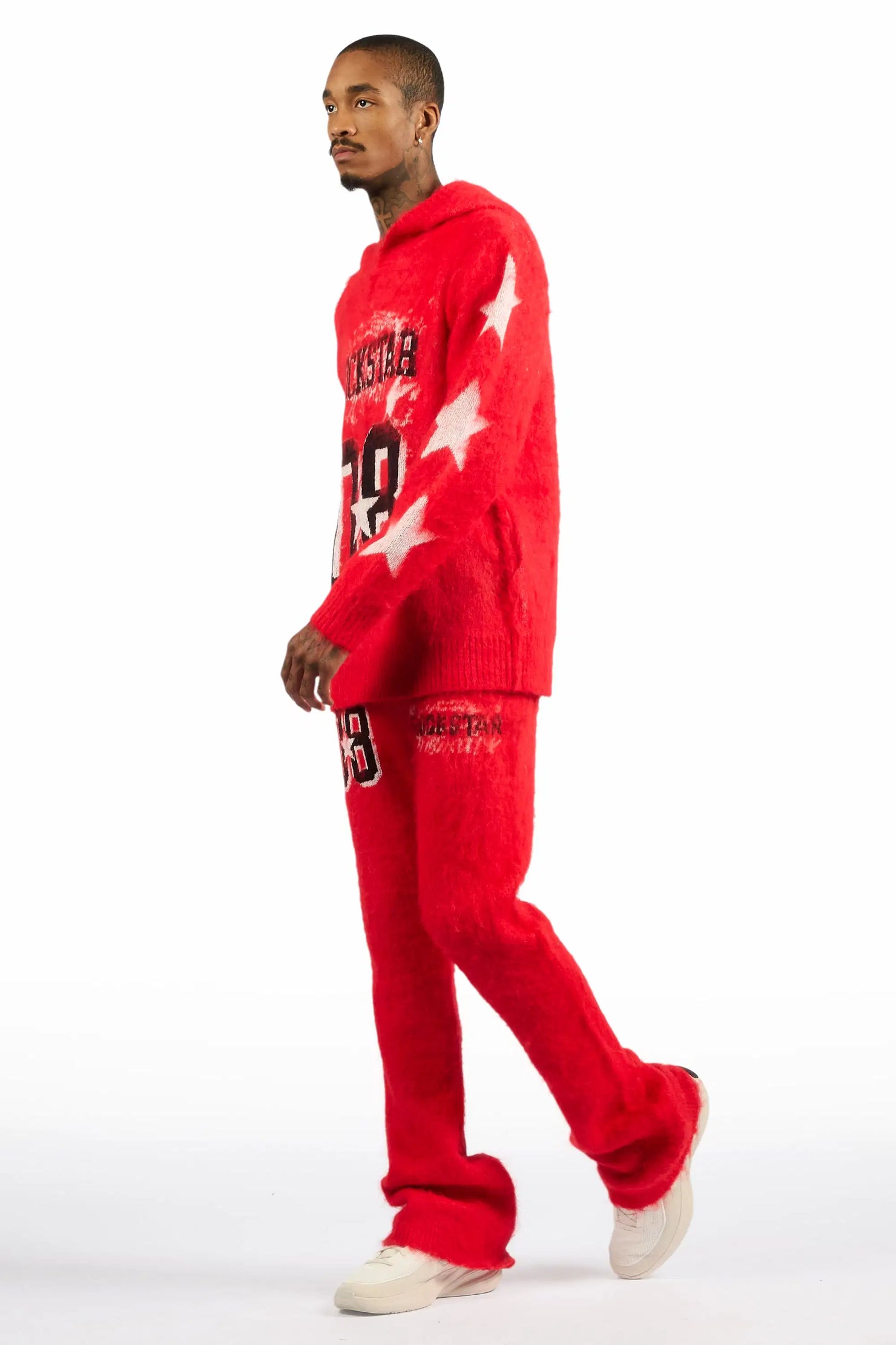Allstar Red Hoodie Stacked Flare Knitted Mohair Track Set